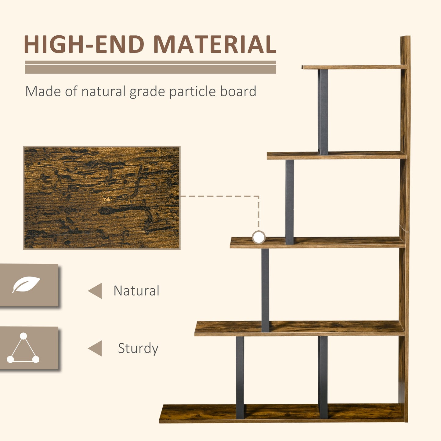 Rustic Ladder Chic: 5-Tier Industrial Wooden Bookshelf Display Stand Organizer, Rustic Brown for Living Room Kids Crystal