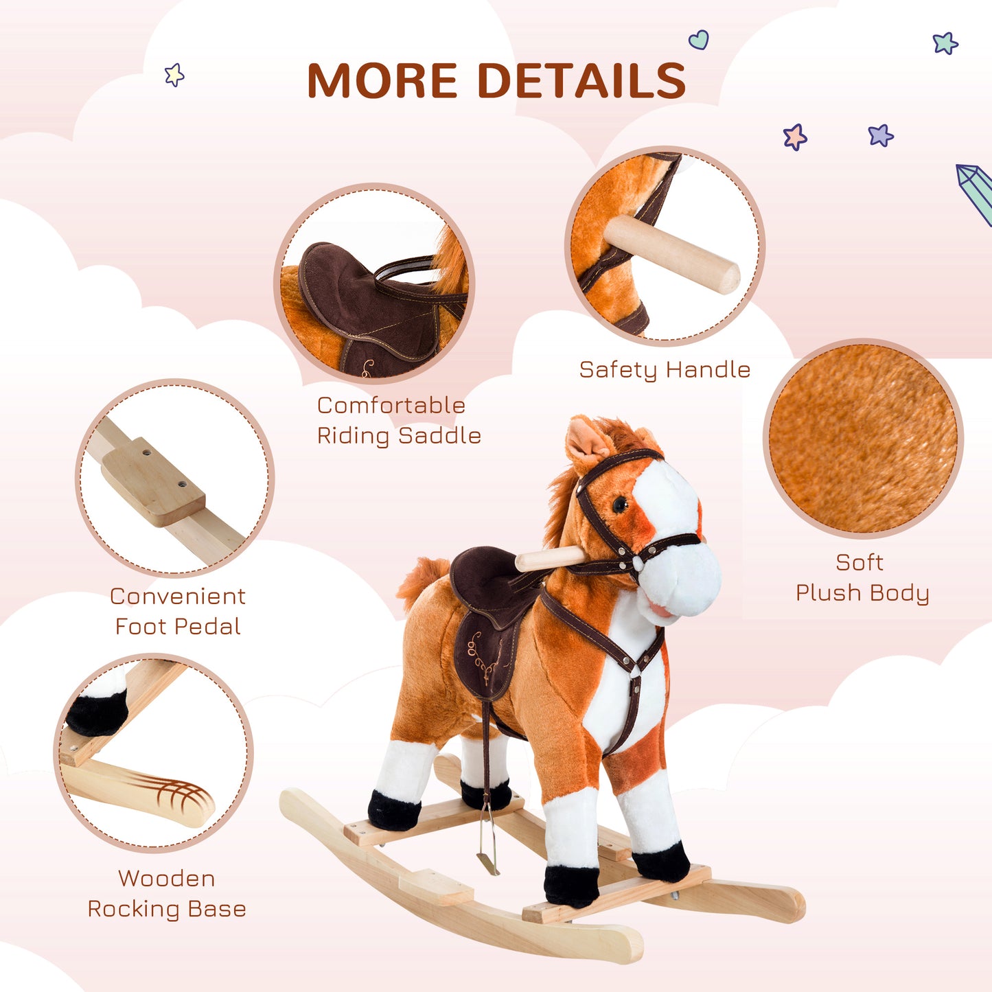 Kids Rocking Horse Poney Child Plush Ride on Toy w/ Realistic Sound Red Brown Kids Crystal