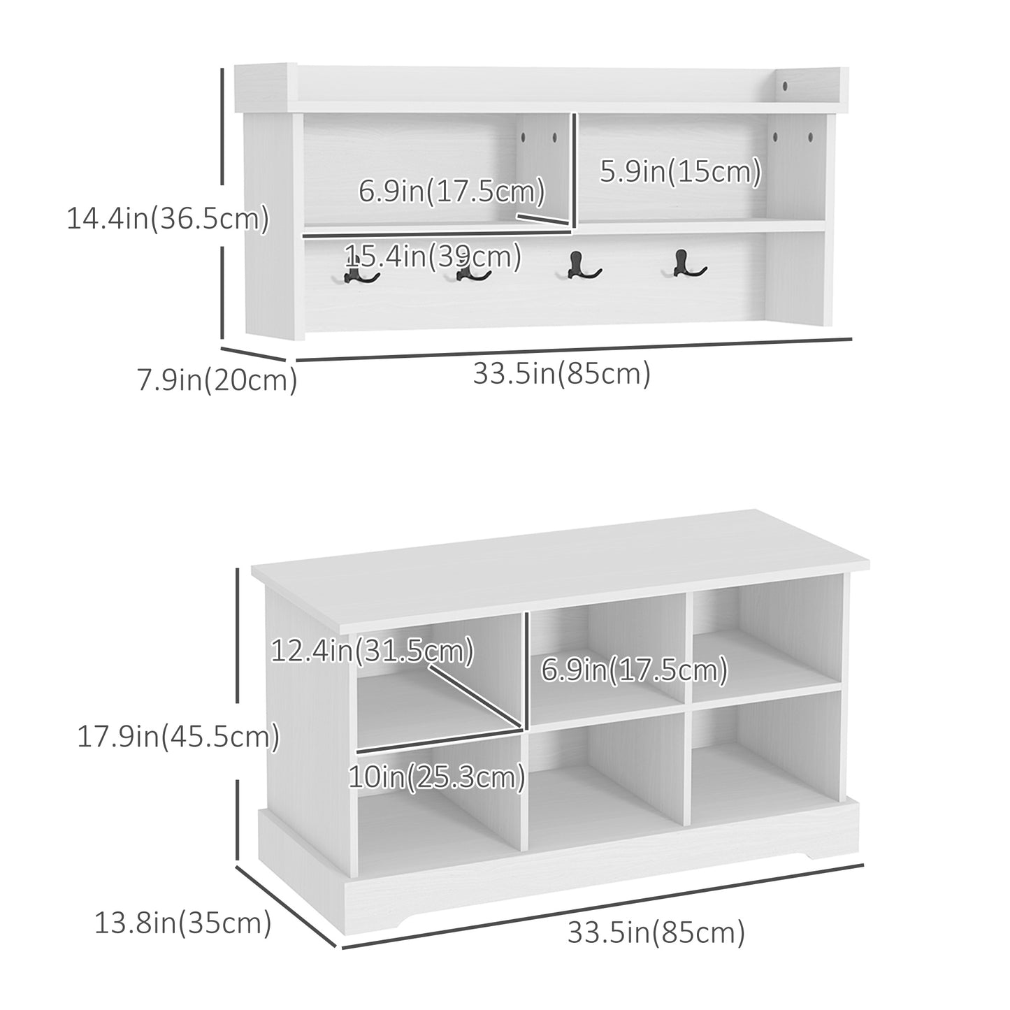 Coat Rack Shoe Bench Set Entryway 8 Cubbies 4 Hooks Hallway Living Room Bedroom White