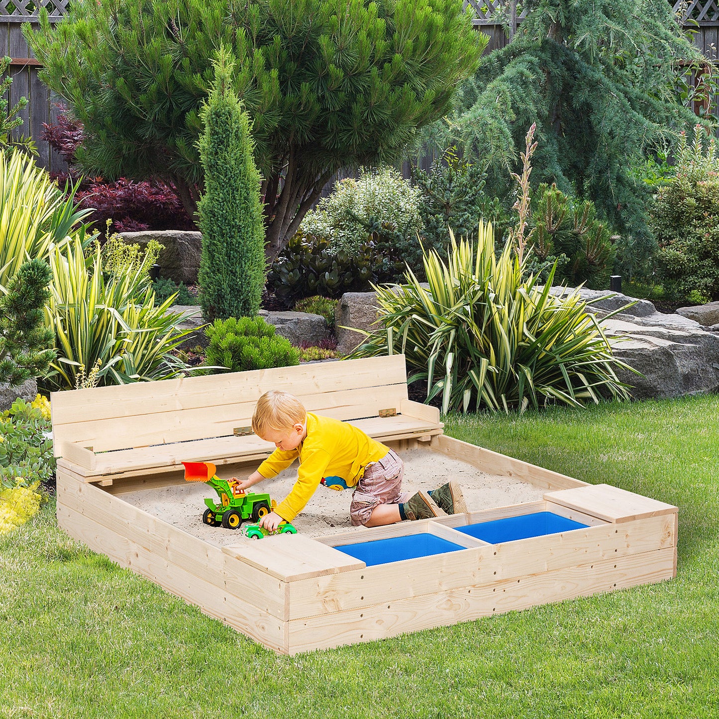 Wooden Kids Sandbox with Foldable Bench Seat, 2 Plastic Boxes, Bottom Liner, Storage Space for Garden, Backyard Kids Crystal