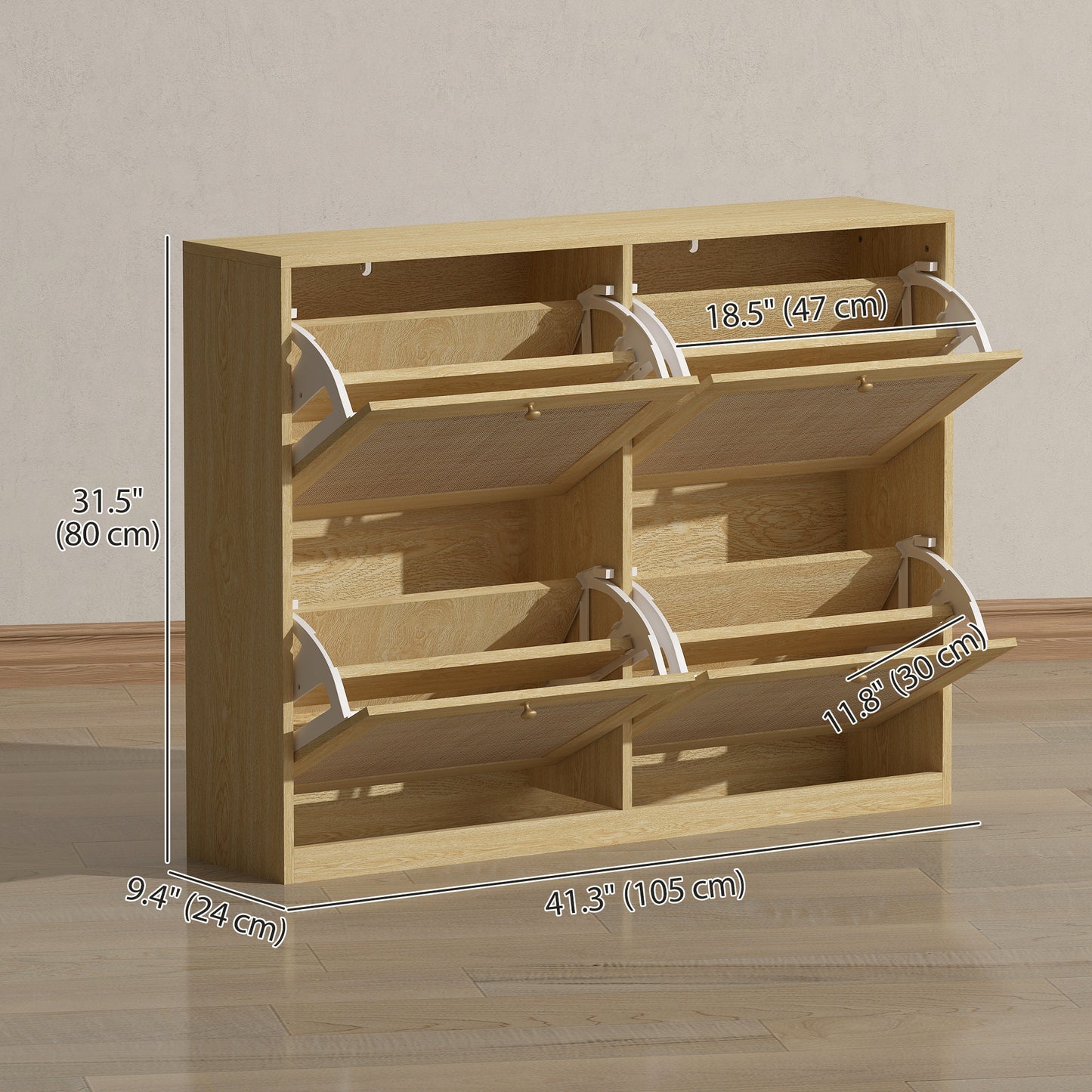 Narrow Shoe Storage Cabinet, Rattan Shoe Cabinet with 4 Flip Drawers and Adjustable Shelves for 20 Pairs, Oak Kids Crystal