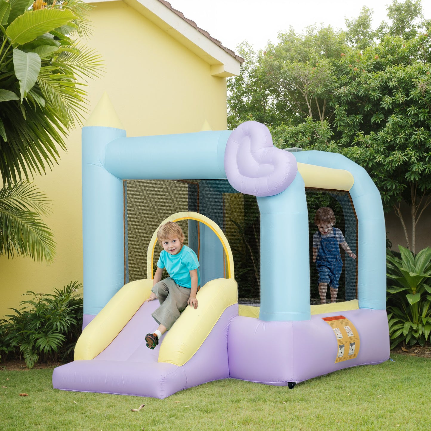 Inflatable Bounce House with Blower, Slide, Outdoor & Indoor Bouncy Castle for Kids Ages 3-8, 98" x 65" x 79" Kids Crystal