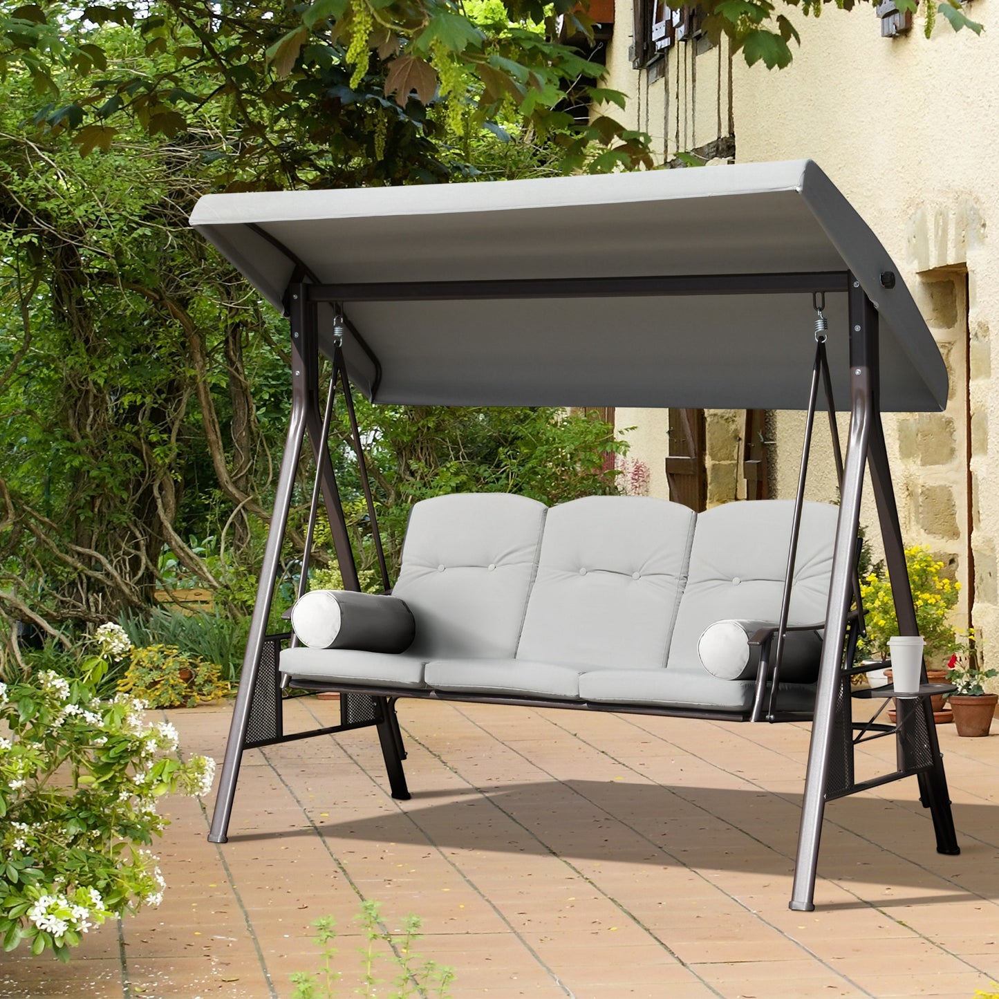 Outdoor Patio 3-Person Steel Canopy Cushioned Seat Bench Swing with Included Side Trays & Padded Comfort, Light Grey Kids Crystal