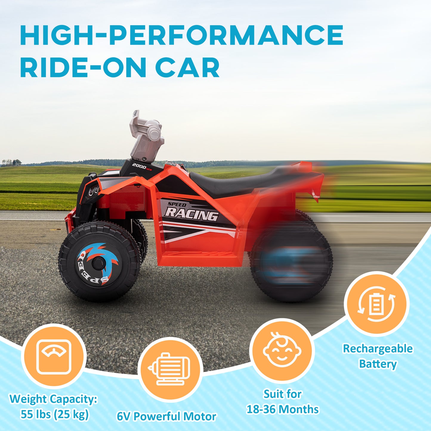 6V Kids Quad Electric Car Wear-resistant Wheels 18-36 Months Boys Girls Red Battery Powered Ride On Kids Crystal