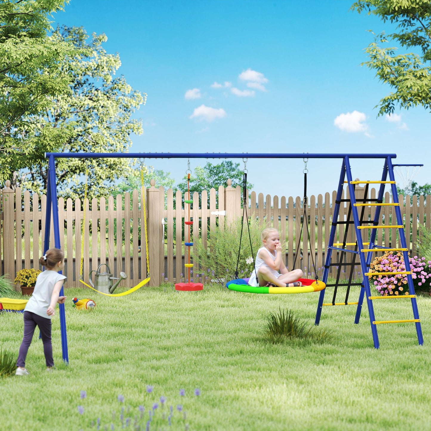 6 in 1 Kids Swing Set with 1 Saucer Swing, 1 Belt Swing, 1 Disc Rope Swing, Climbing Ladder and Net, Basketball Hoop Kids Crystal