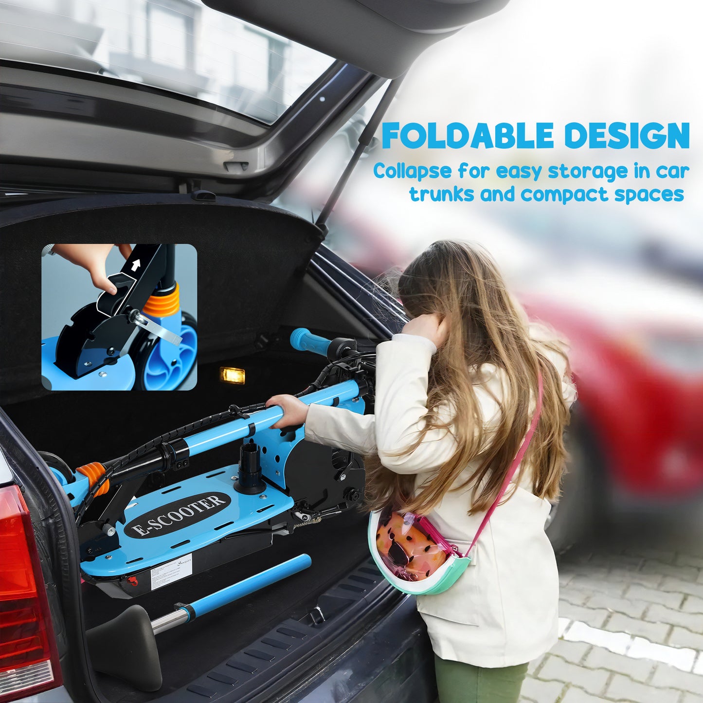 Foldable Electric Scooter for Kids Ages 6-14, with Seat and 2 Adjustable Heights, Max 6km Range & 12km/h, Blue Kids Crystal
