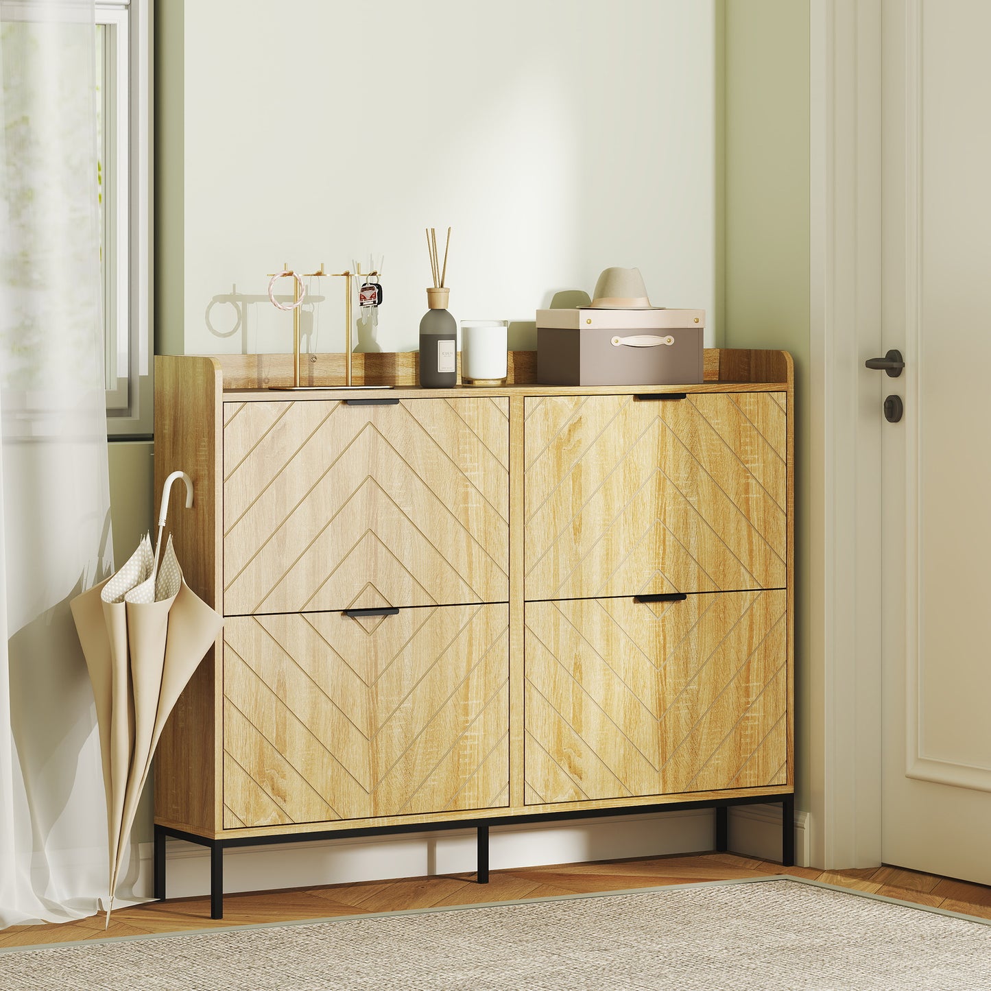 Narrow Shoe Storage Cabinet, Modern Slim Shoe Cabinet with 4 Flip Drawers, 16 Pairs of Shoes for Hallway, Entryway, Oak Kids Crystal