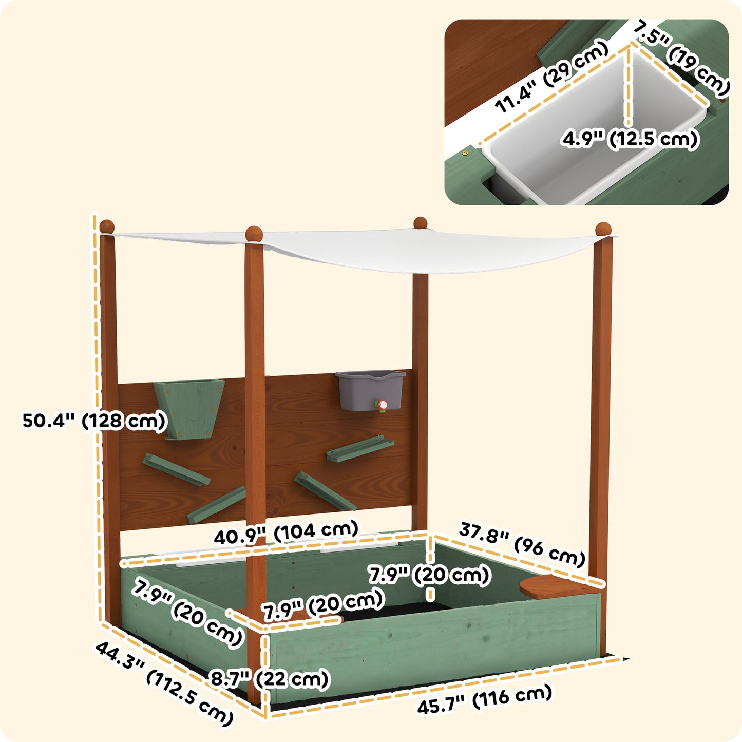 Wooden Kids Sandbox with Canopy, Sand Wall, Bottom Liner, for 3-6 Years, 46" x 44" W x 50" Green Kids Crystal