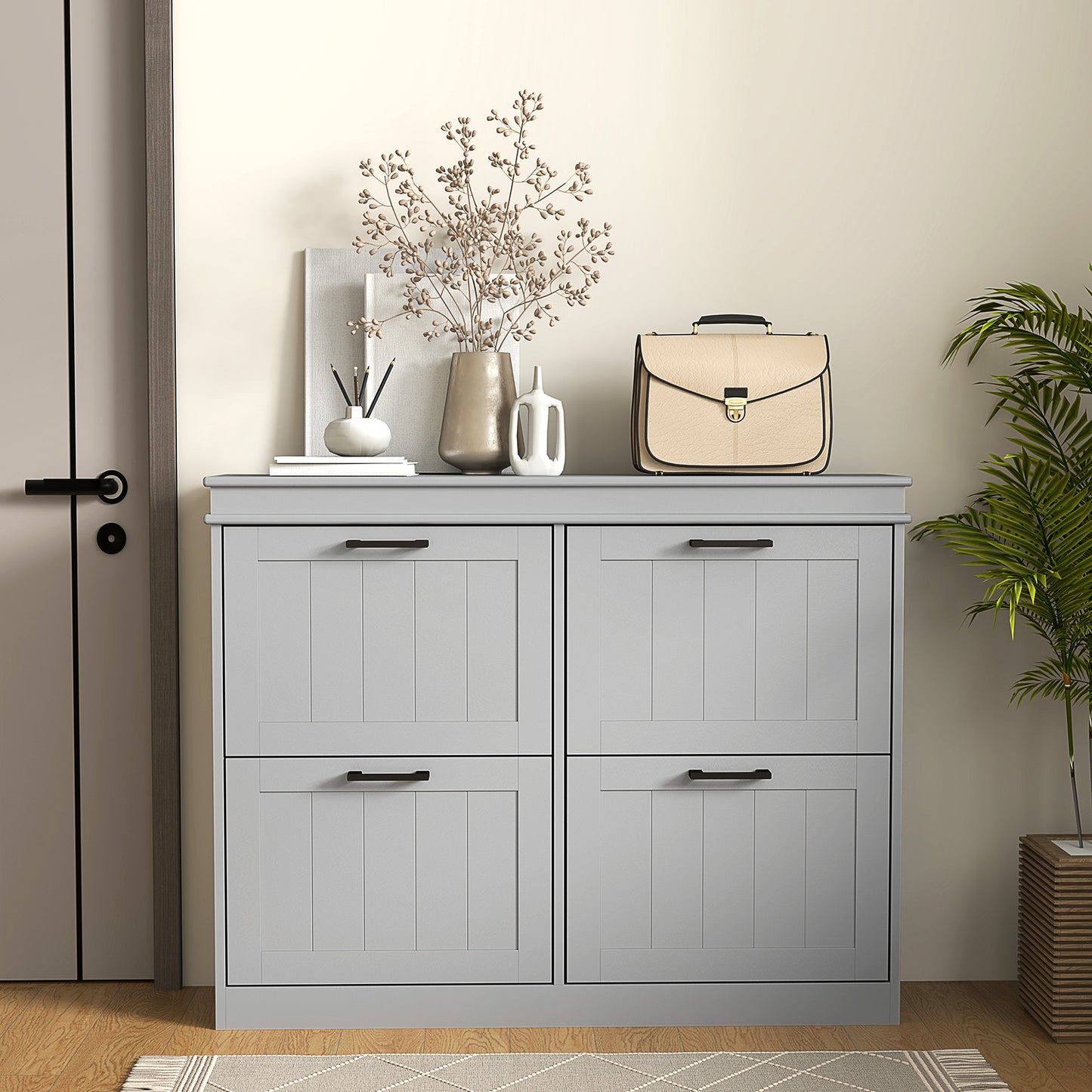 Shoe Storage Cabinet with 4 Flip Drawers and Adjustable Shelves, Narrow Shoe Cabinet for 20 Pairs of Shoes, Grey Kids Crystal