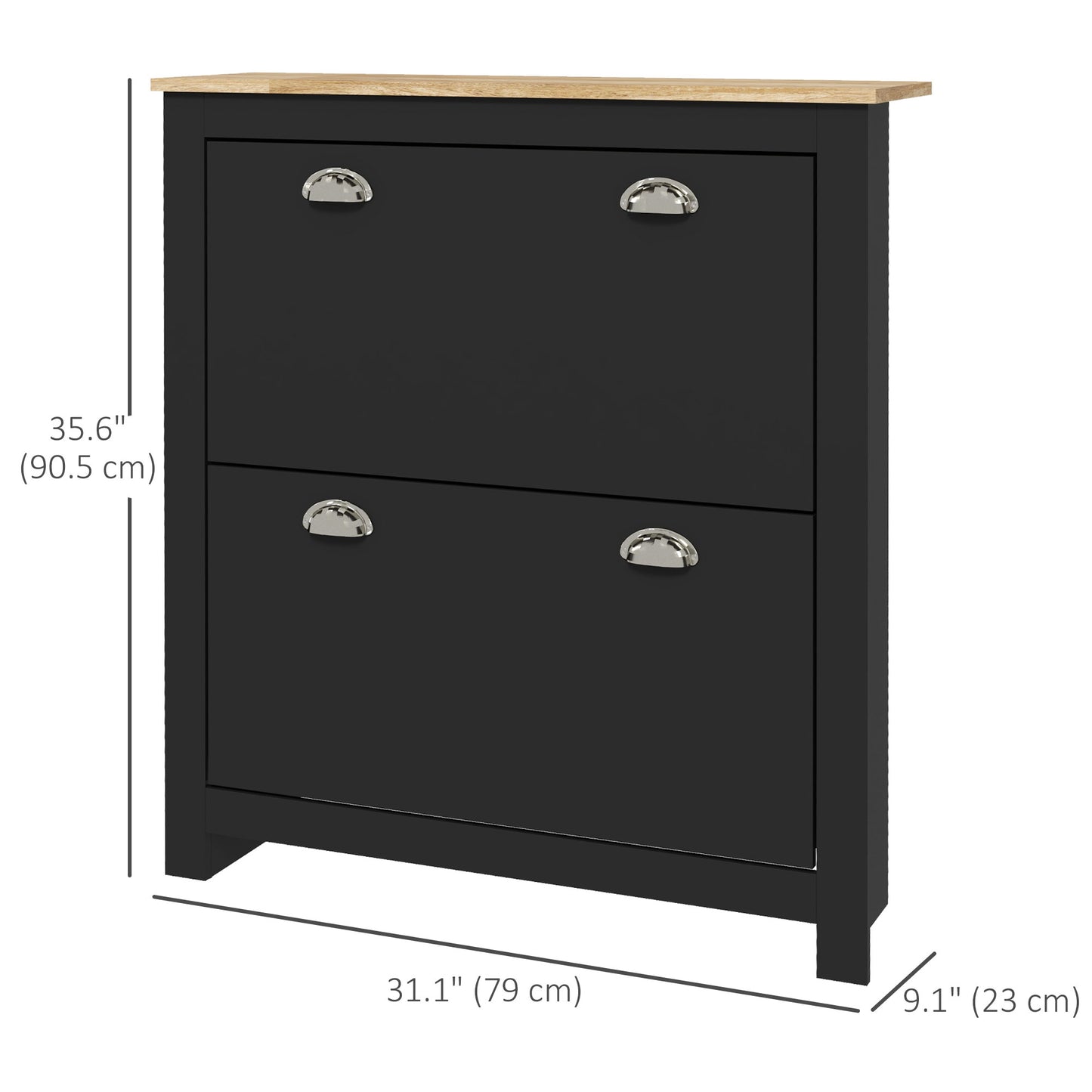 Entryway Shoe Storage Cabinet: 2 Flip Drawers, Adjustable Shelves, 12 Pair Organizer for Hallway, Black Kids Crystal