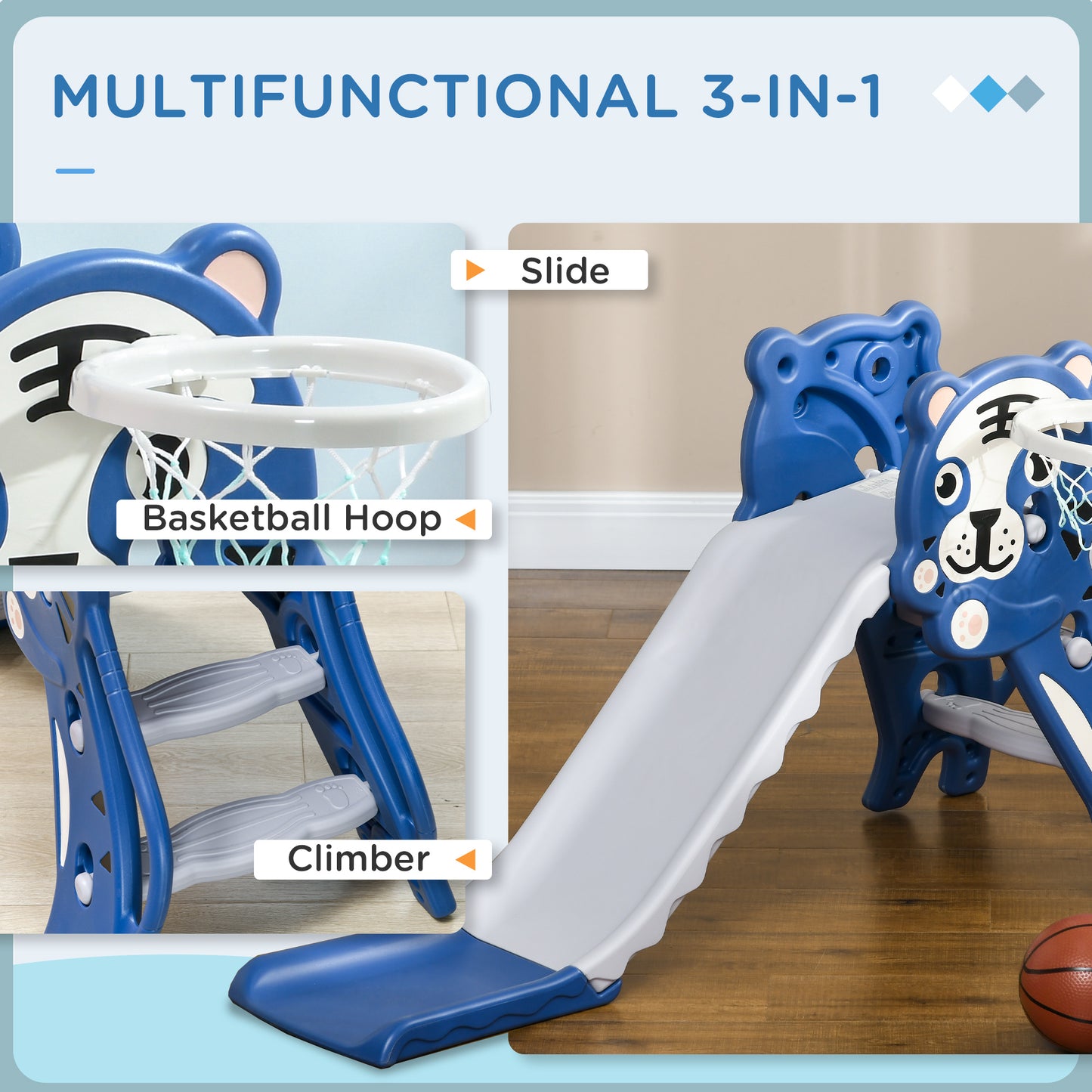 Kids Slide with Basketball Hoop Indoor Baby Slide Easy Setup for Toddlers 18-36 Months Blue Kids Crystal