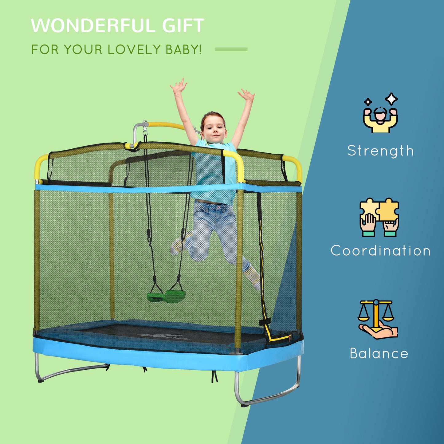 6.9FT Kids Trampoline with Safety Net, Gymnastics Bar, Swing, Toddler Trampoline for 3+ Years Old Indoor/Outdoor Kids Crystal