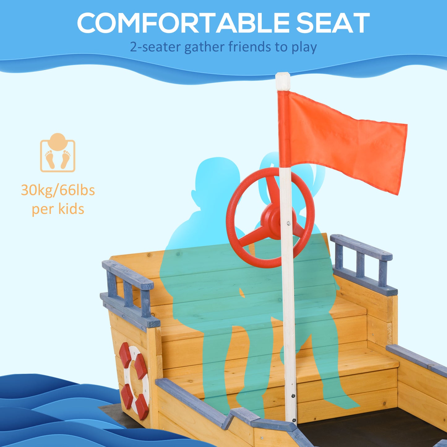 Pirate Ship Sandbox Wooden Outdoor Playset for Kids Backyard Play Station Bench Seat Storage Flag Kids Crystal