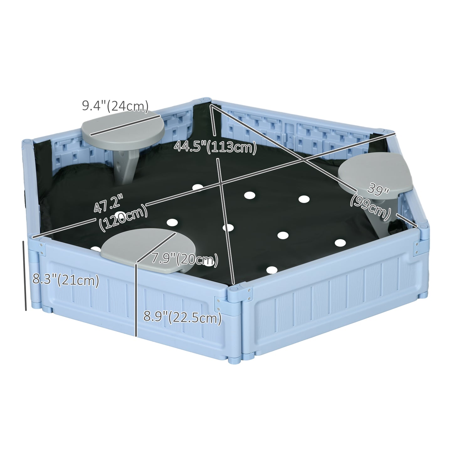 Sandbox with Cover for Kids 3 Seats Bottom Liner Light Blue 3-12 Years Old Kids Crystal
