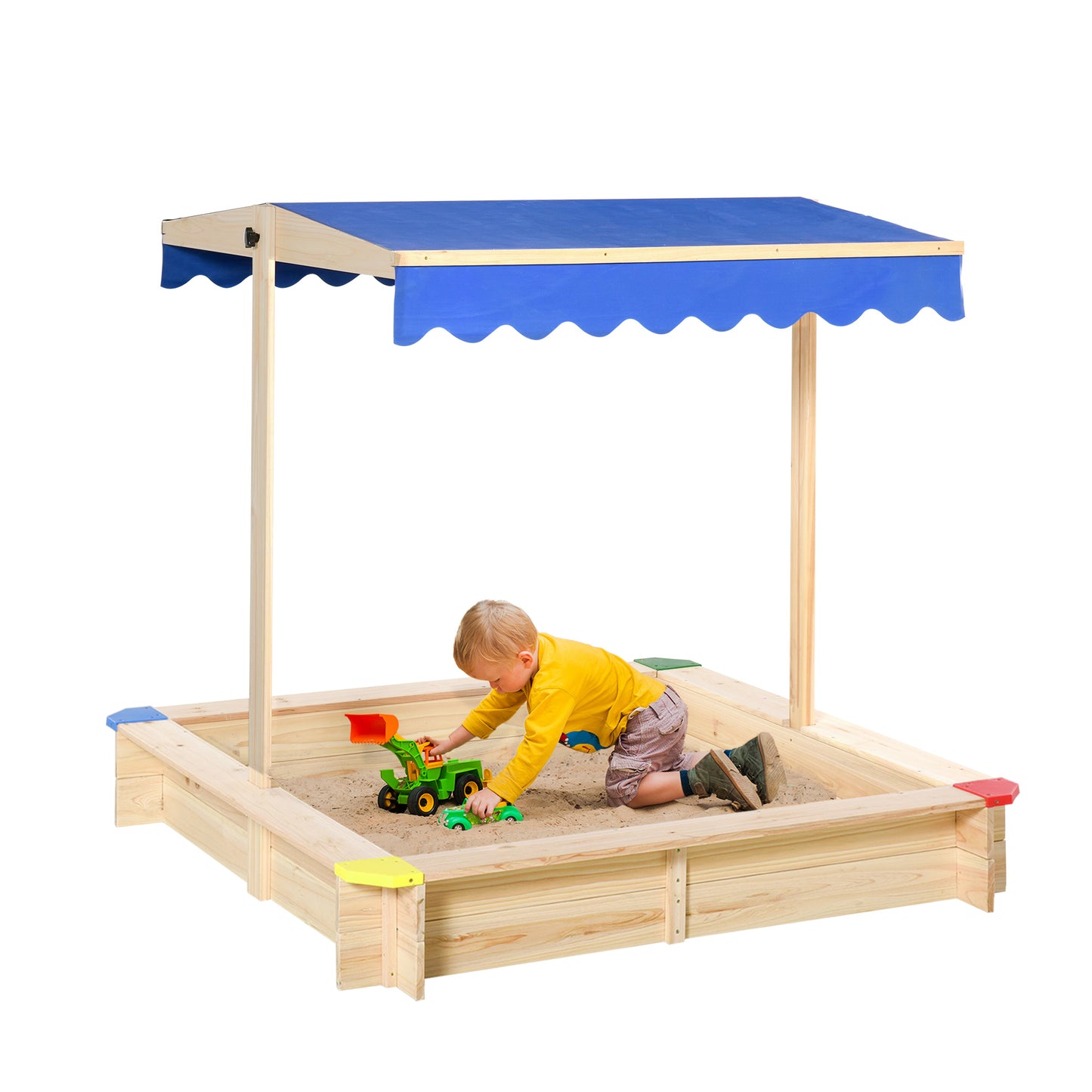 Kids Wooden Sandbox, Play Station for Children Outdoor, with Adjustable Canopy Shade, Seats, for Backyard, Beach Kids Crystal