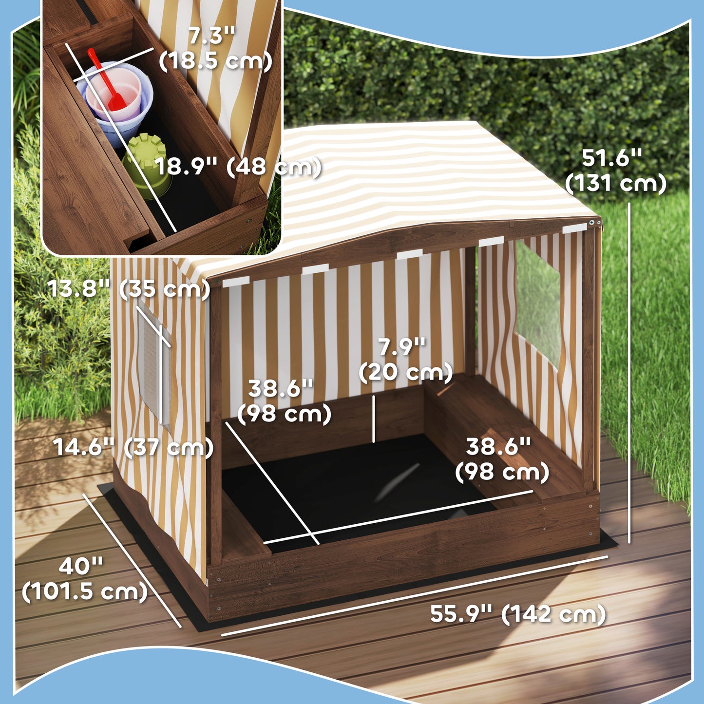 Kids Sandbox with Full Covered Canopy, Bench Seats, Bottom Liner, for Ages 3-6, 56" x 40" x 52" Brown Kids Crystal