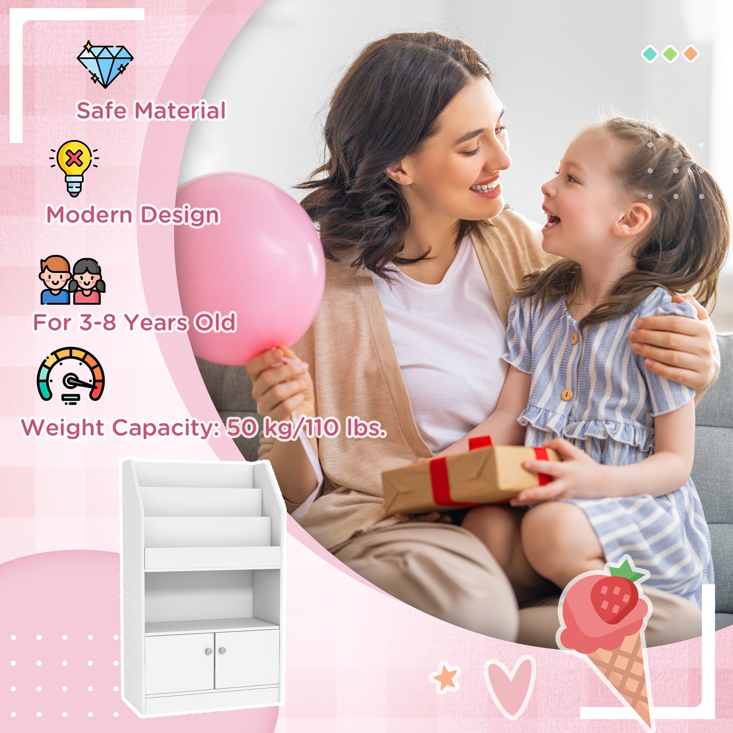 Toy Storage Organizer Shelf Kids Bookshelf for Bedroom Playroom Nursery White Kids Crystal