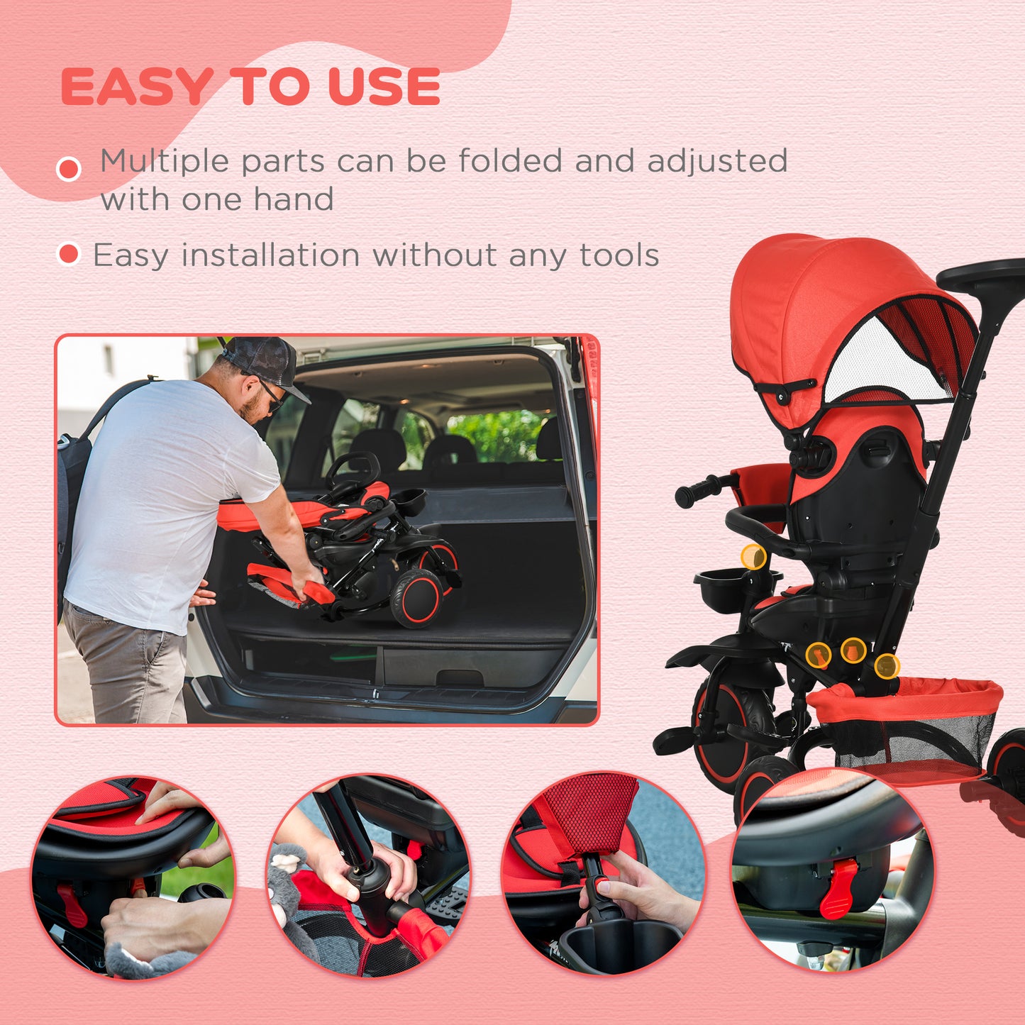 6-in-1 Toddler Tricycle, Kids Trike with Rotatable Seat, Adjustable Push Handle, Safety Harness, Detachable Canopy, Red