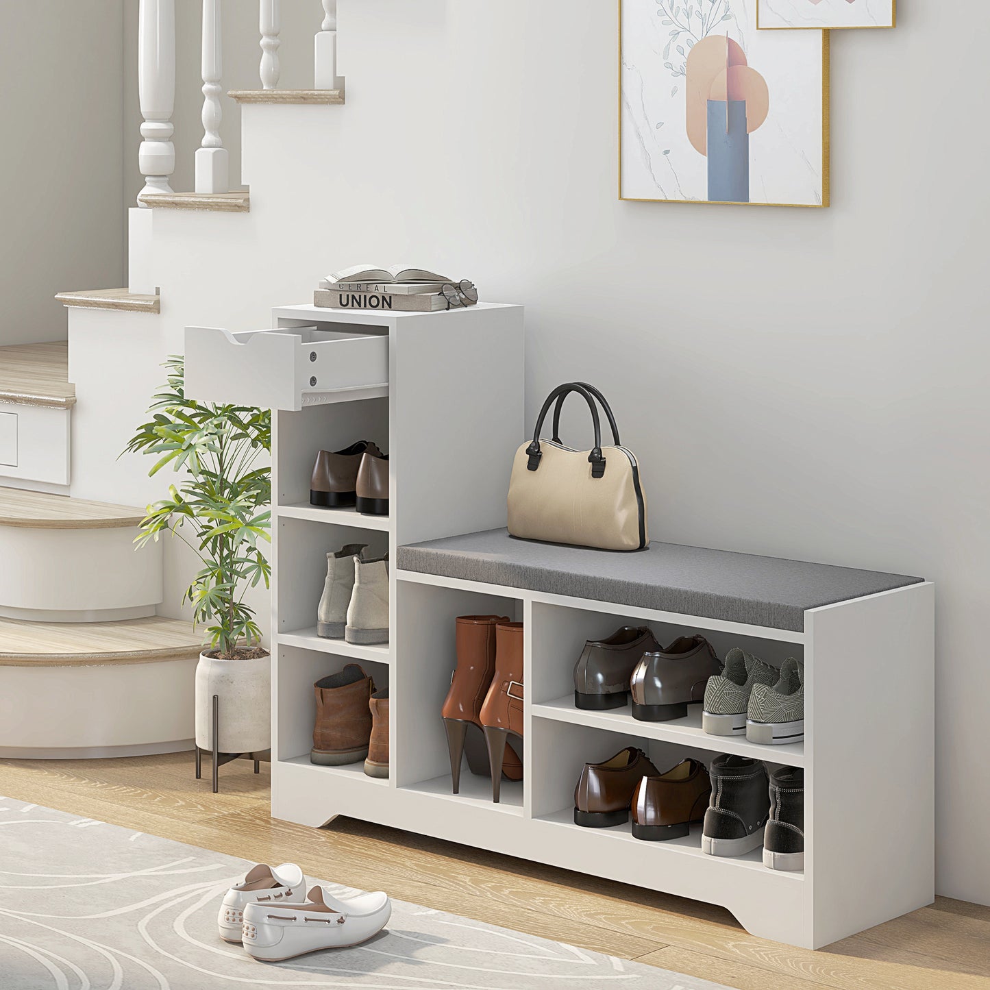 Shoe Serenity: Storage Bench with Seat Drawer, 6 Open Shelves, Upholstered Entrance Bench for Hallway Kids Crystal