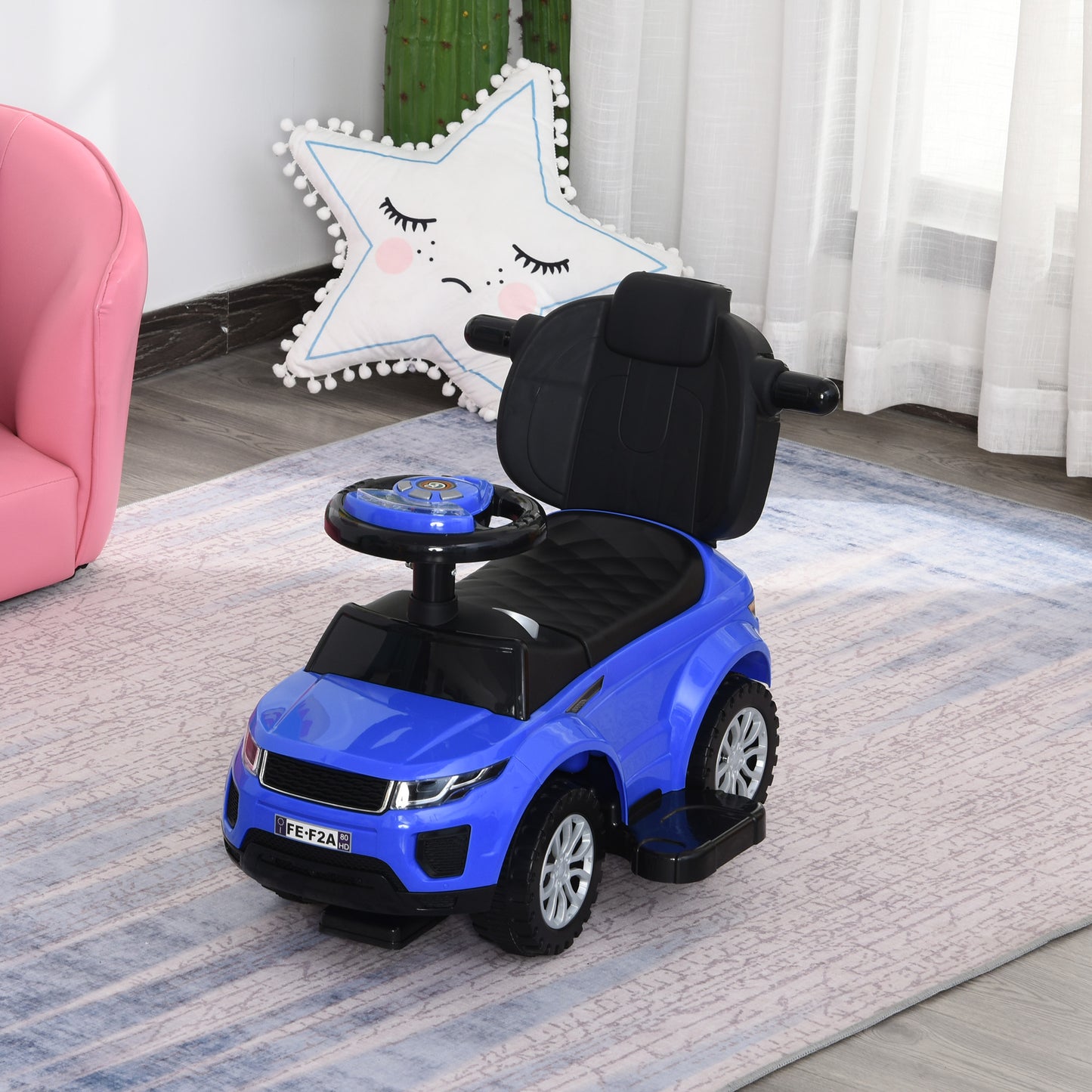 3 In 1 Kid Ride on Push Car Stroller Sliding Walking Car with Horn Music Light for 1-3 Years Old Blue Kids Crystal
