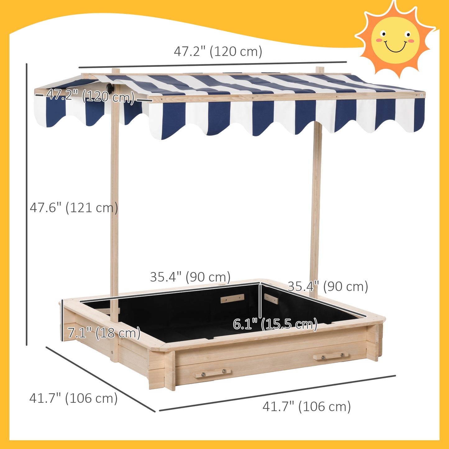 Wooden Sandbox for Kids with Adjustable Canopy and Convertible Bench, Outdoor Playset - Sand Kids Crystal