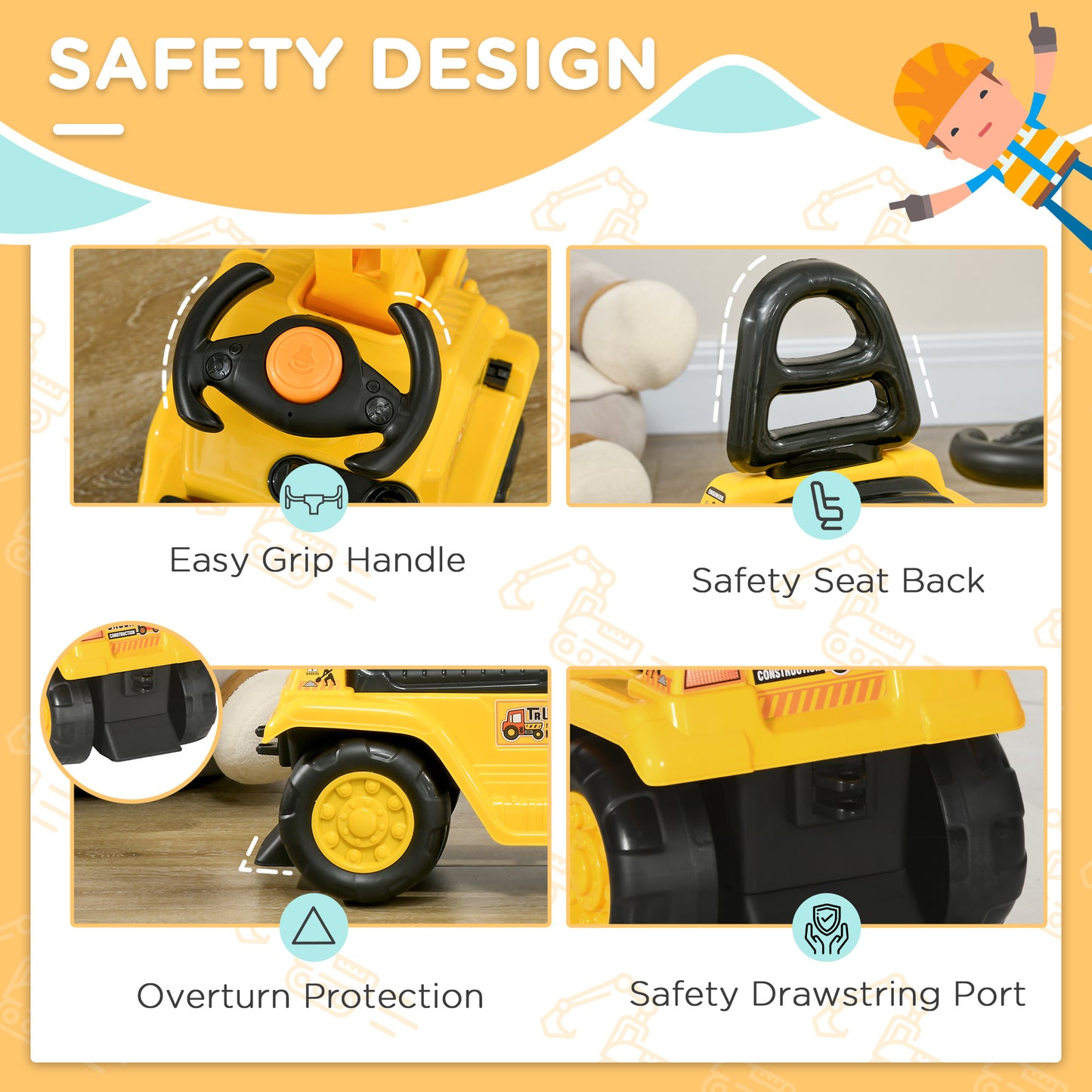 3 in 1 Ride On Toy Excavator Digger Scooter Pulling Cart Pretend Play Construction Truck Kids Crystal