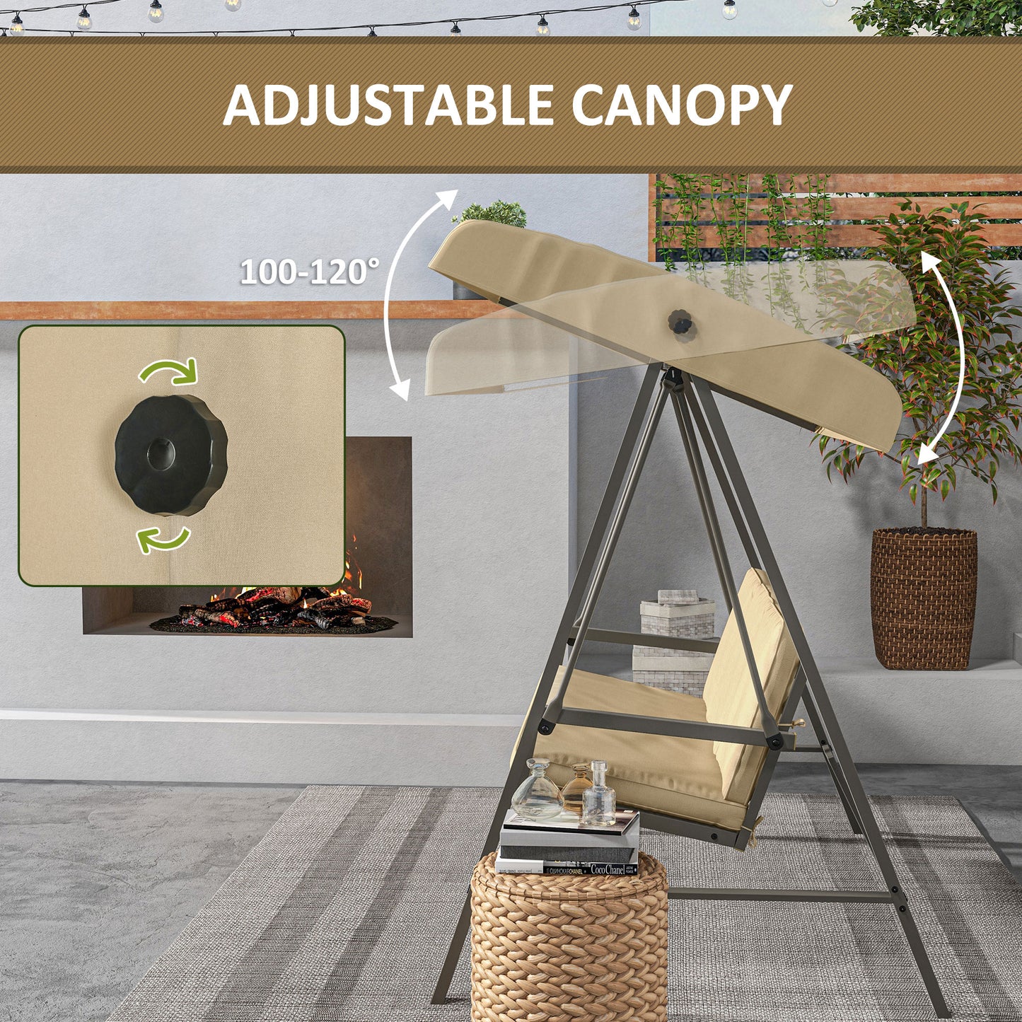 3 Seater Patio Swing Chair, Porch Swing with Adjustable Canopy and Removable Cushions, Outdoor Swing Seat, Beige