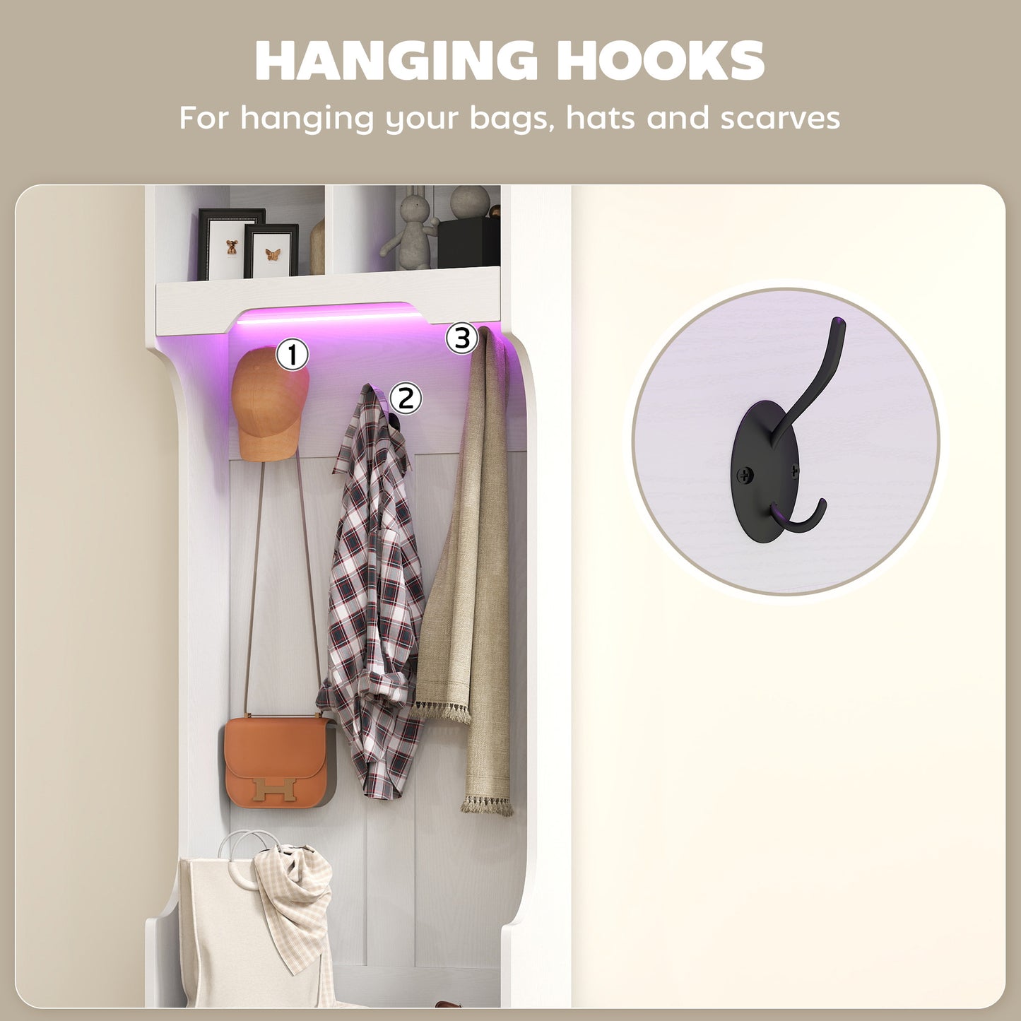 3-in-1 Hall Tree with LED Lights and Bench, Coat Rack with Shoe Storage, White Wood Grain