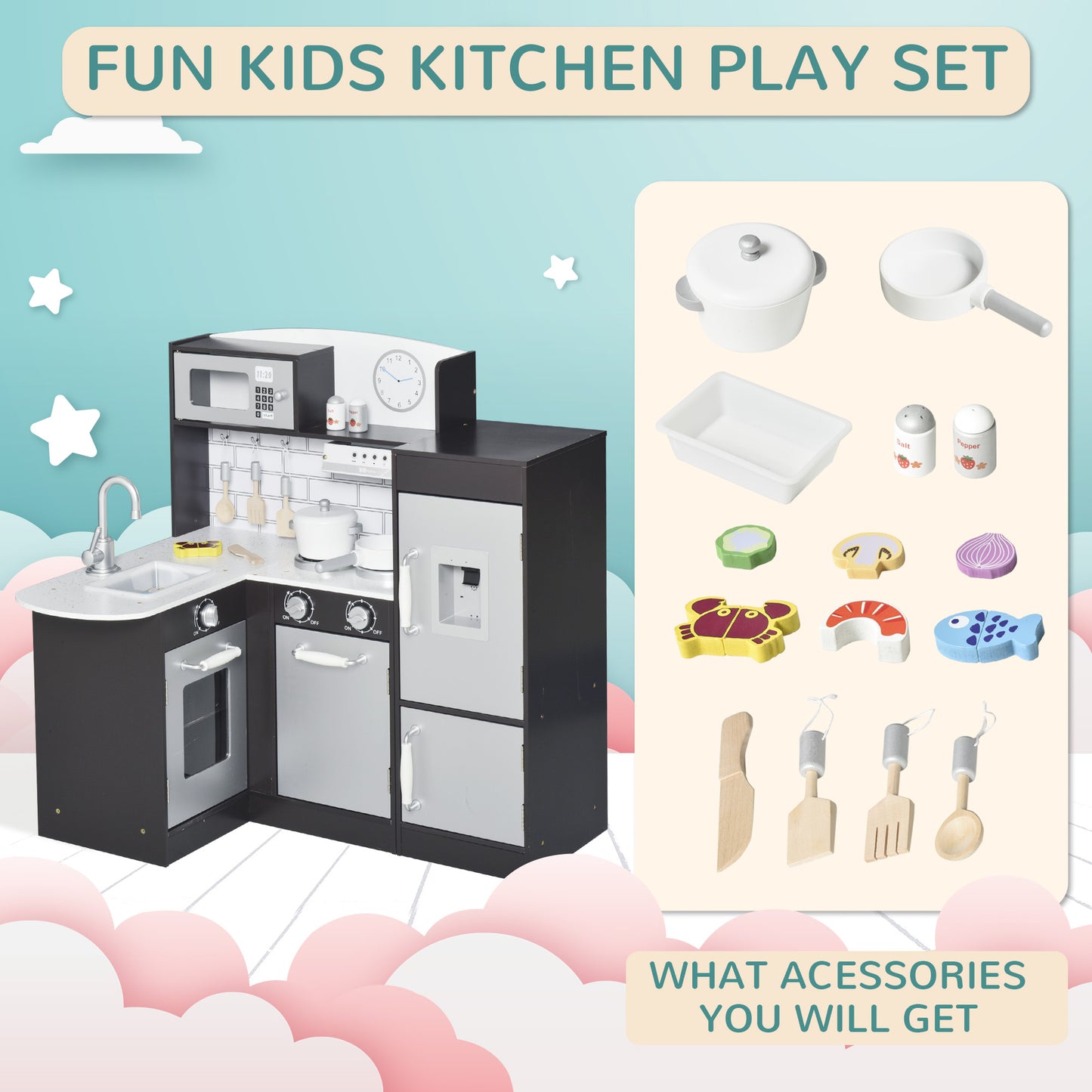 Play Kitchen Set for Kids - Black Cooking Toy with Drinking Fountain, Microwave, Fridge & Accessories Kids Crystal