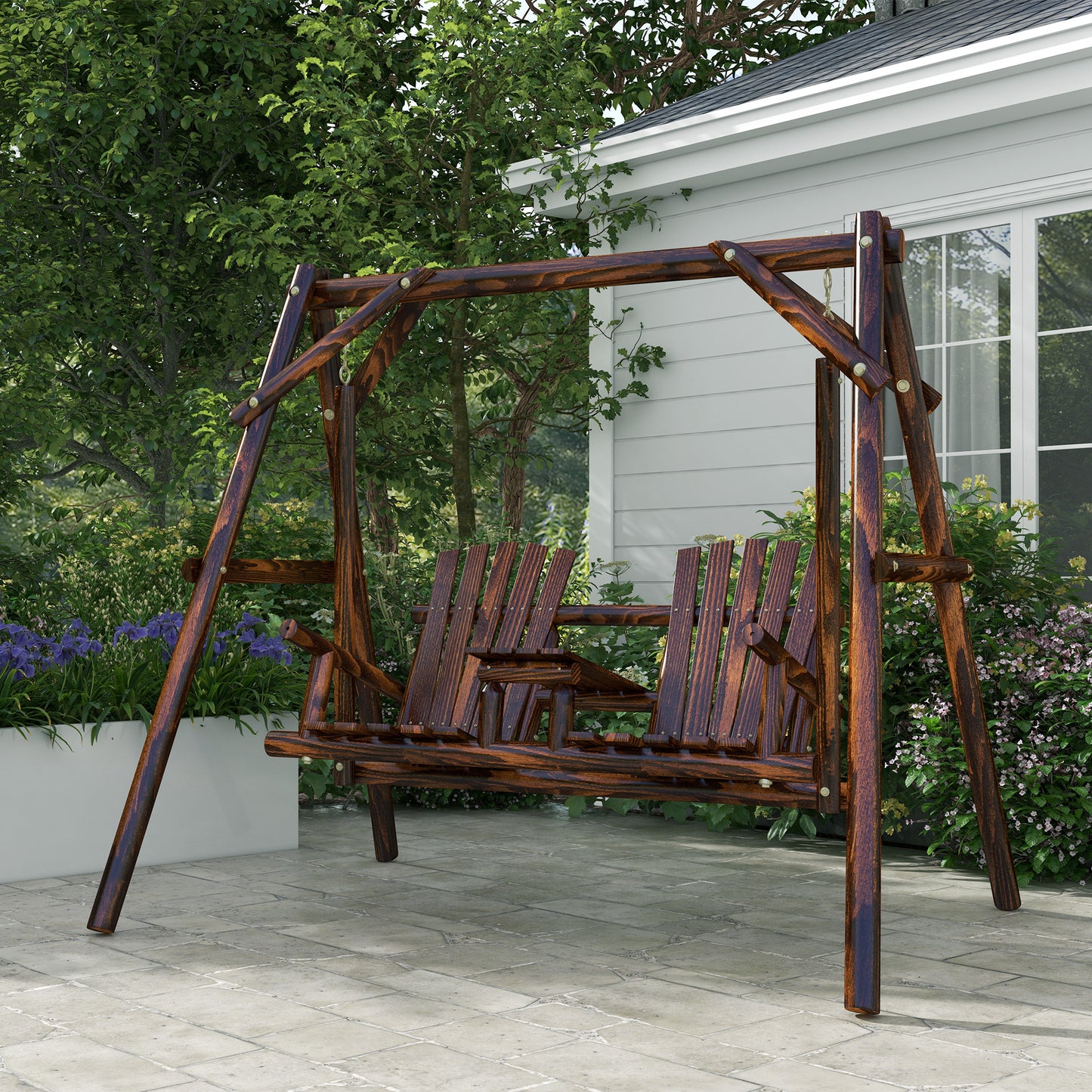 Wooden Porch Swing with 2-Seat Design, A-Frame Outdoor Bench, Relaxing Swing with Center Table Kids Crystal