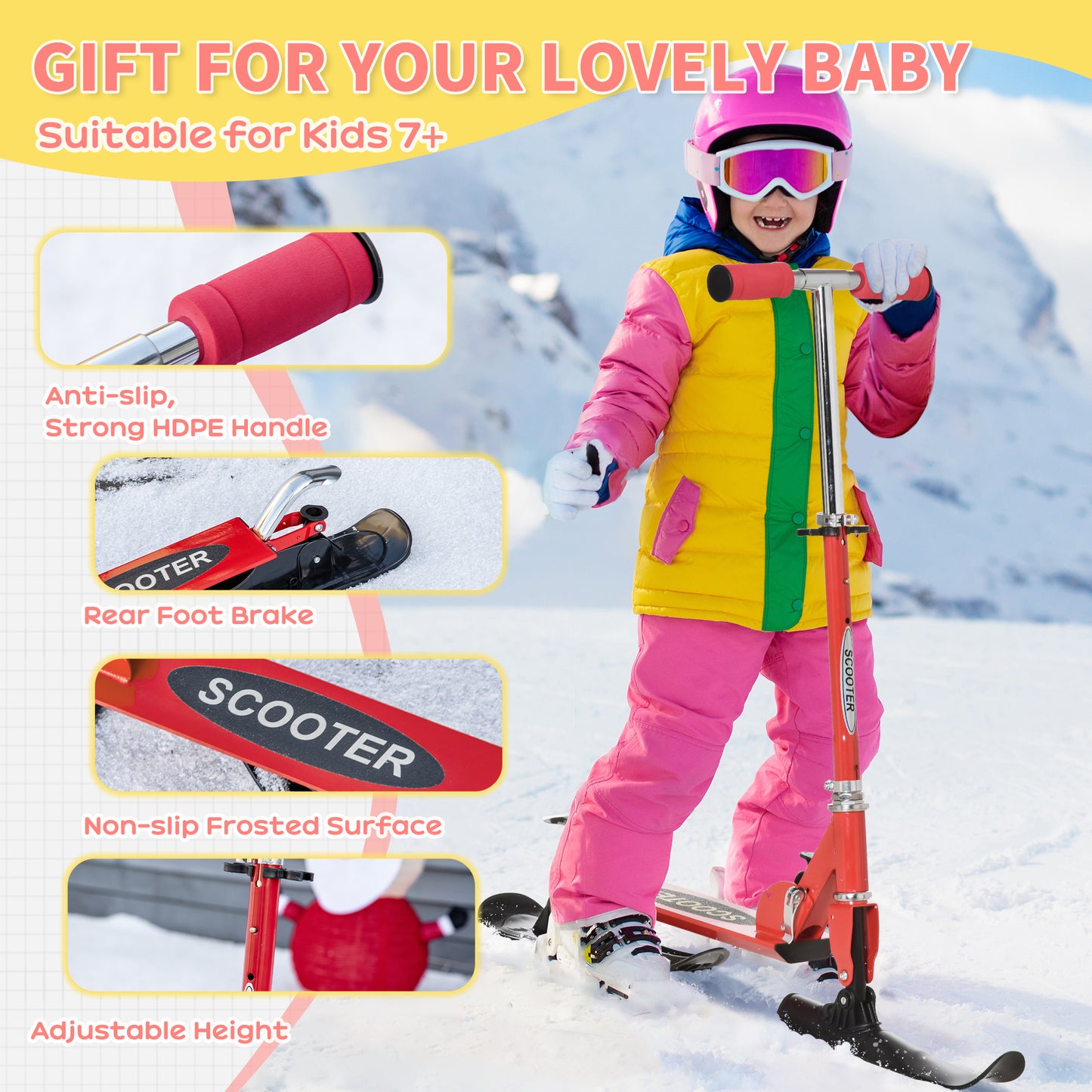 2-in-1 Red Scooter for All Seasons - Convertible Street & Snow Scooter with Wheels & Blades Kids Crystal