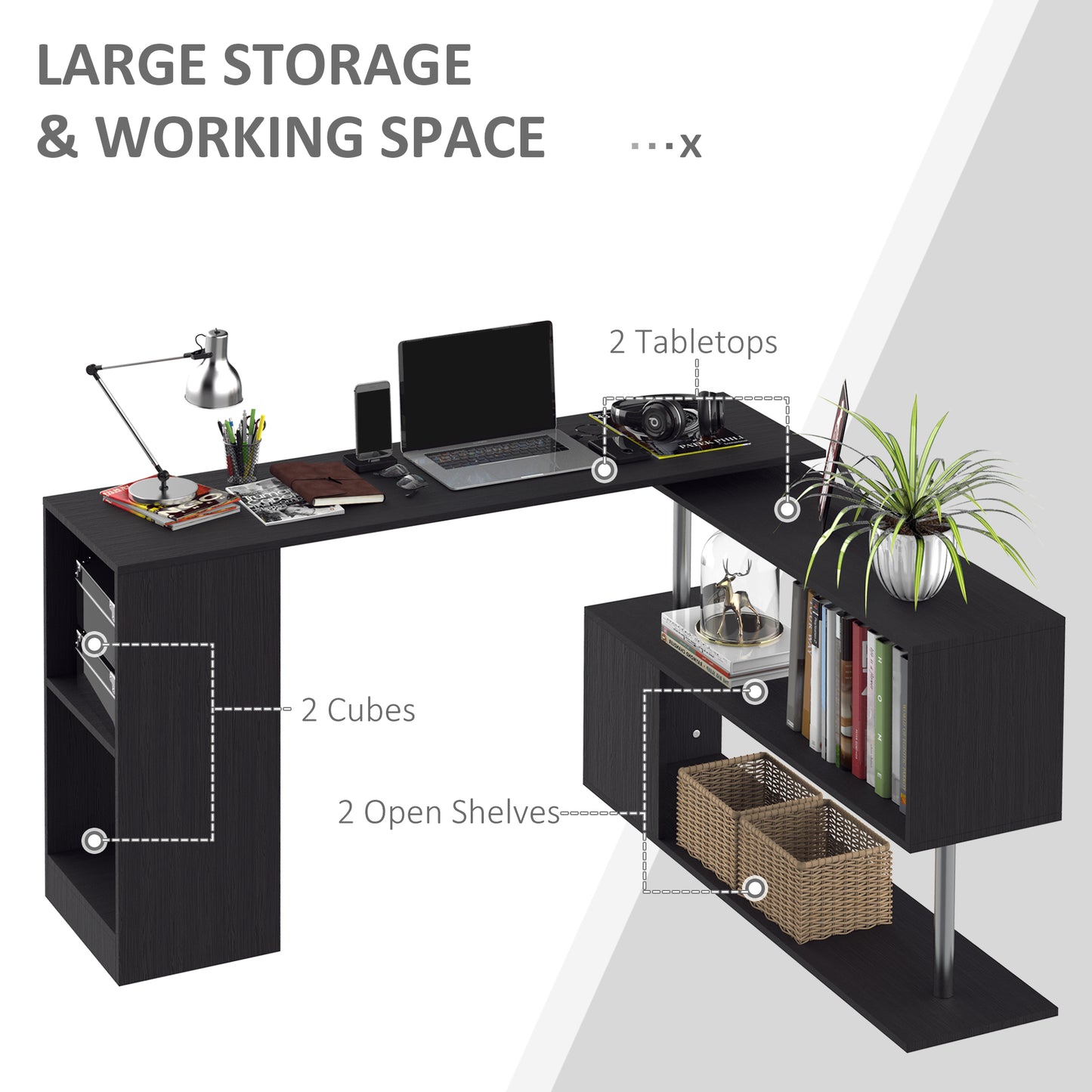 55&" Black Corner Computer Desk - 360° Rotating L-Shaped Workstation with 3-Tier Shelves & Bookshelf Kids Crystal