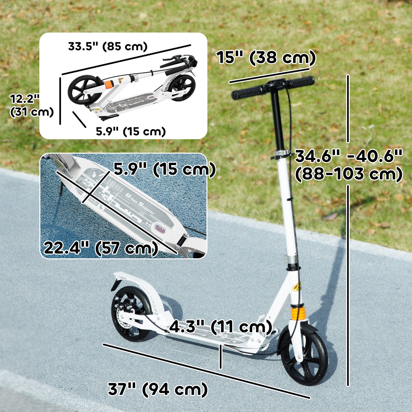 Foldable Kids Scooter with 4 Adjustable Height, Double Brake, Shock Absorption for Ages 6-12, White Kids Crystal