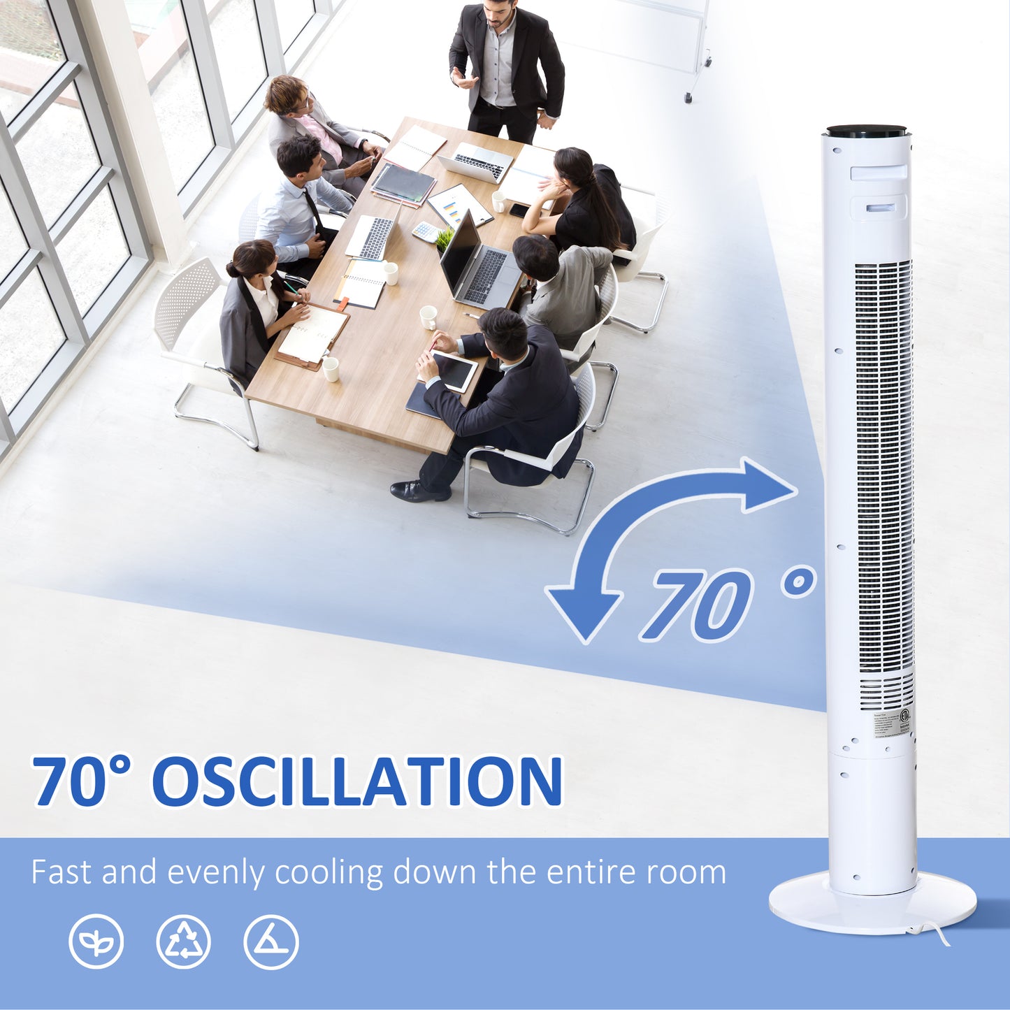 Oscillating Tower Fan Standup Cooling 3 Speed 12h Timer LED Remote White for Efficient Air Circulation