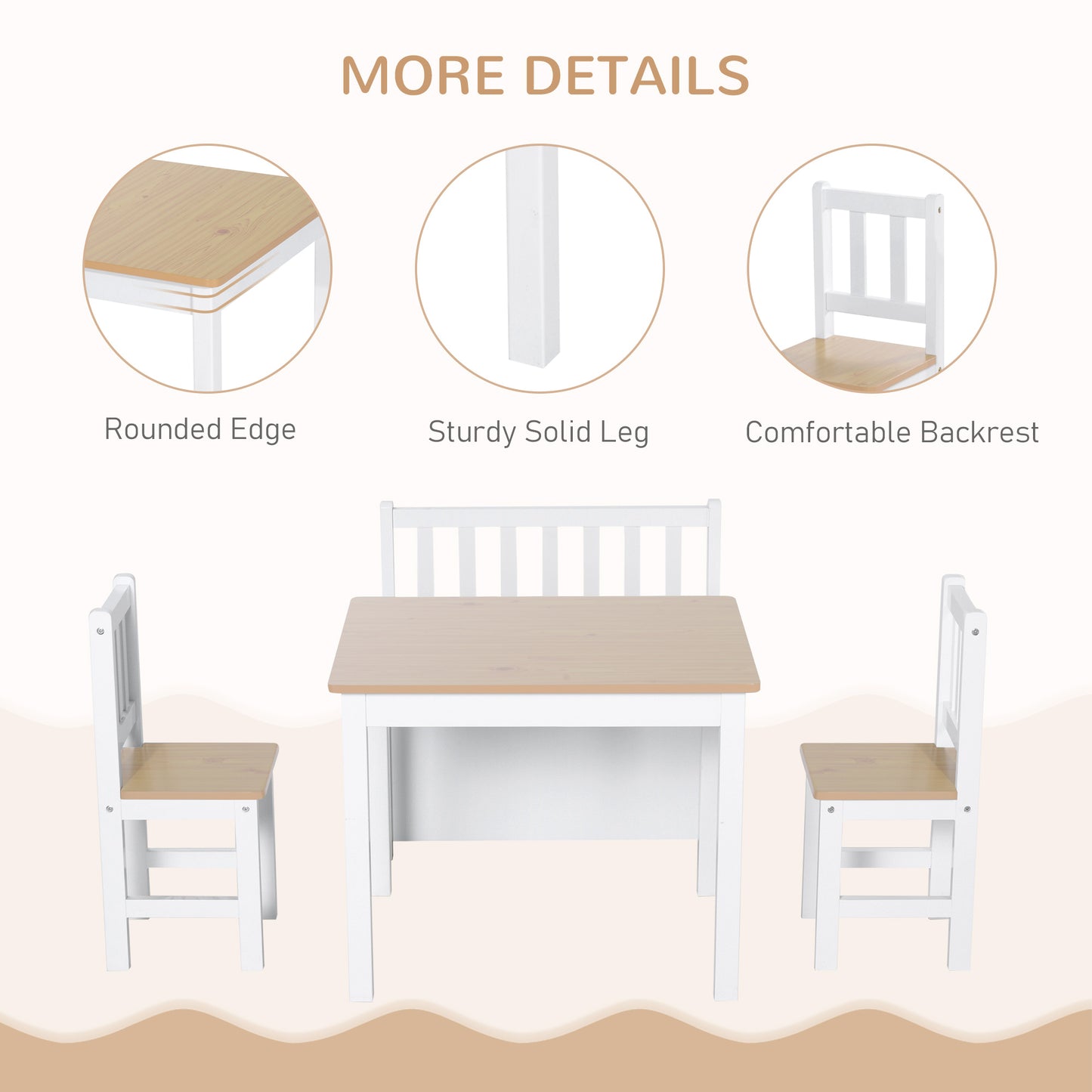 4-Piece Kids Wood Table Chair Bench Set: With Storage, Easy Clean, Natural/White Gift for Age 3+ Kids Crystal