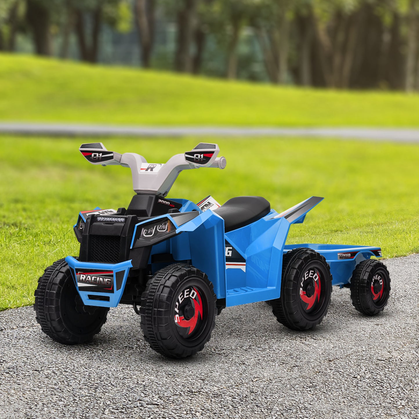 6V Kids ATV Quad Battery Powered Electric Vehicle Back Trailer Wear-resistant Wheels Boys Girls Blue Toy Kids Crystal