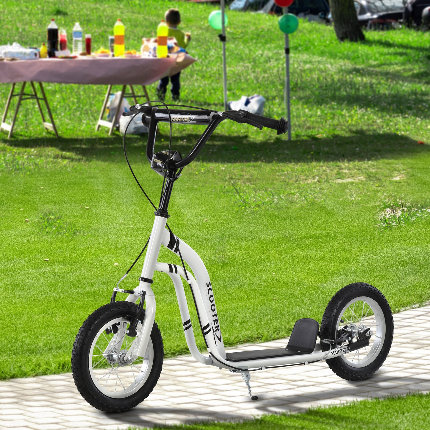 Dual Brakes Kick Scooter 12-Inch Inflatable Front Wheel Ride On Toy for Age 5+, White Kids Crystal