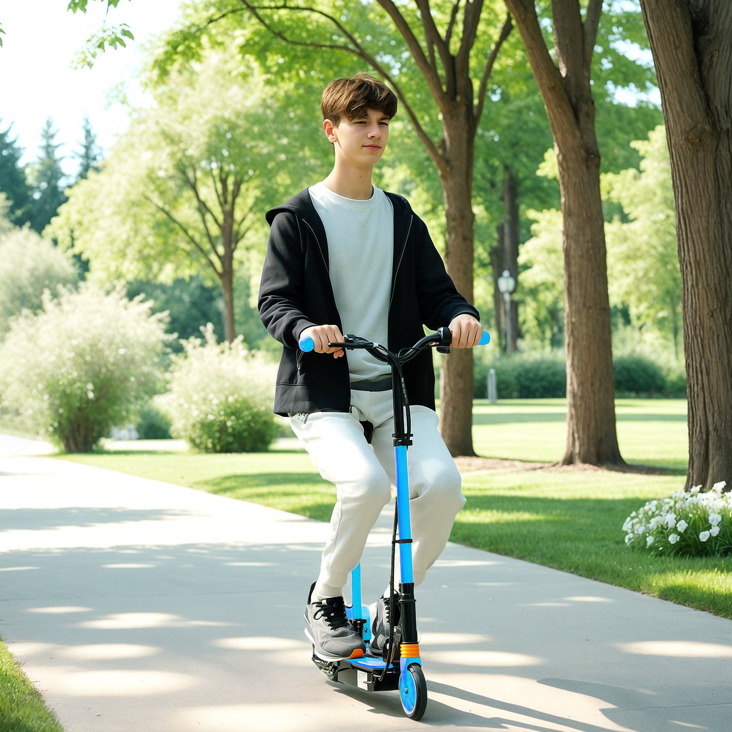 Foldable Electric Scooter for Kids Ages 6-14, with Seat and 2 Adjustable Heights, Max 6km Range & 12km/h, Blue Kids Crystal
