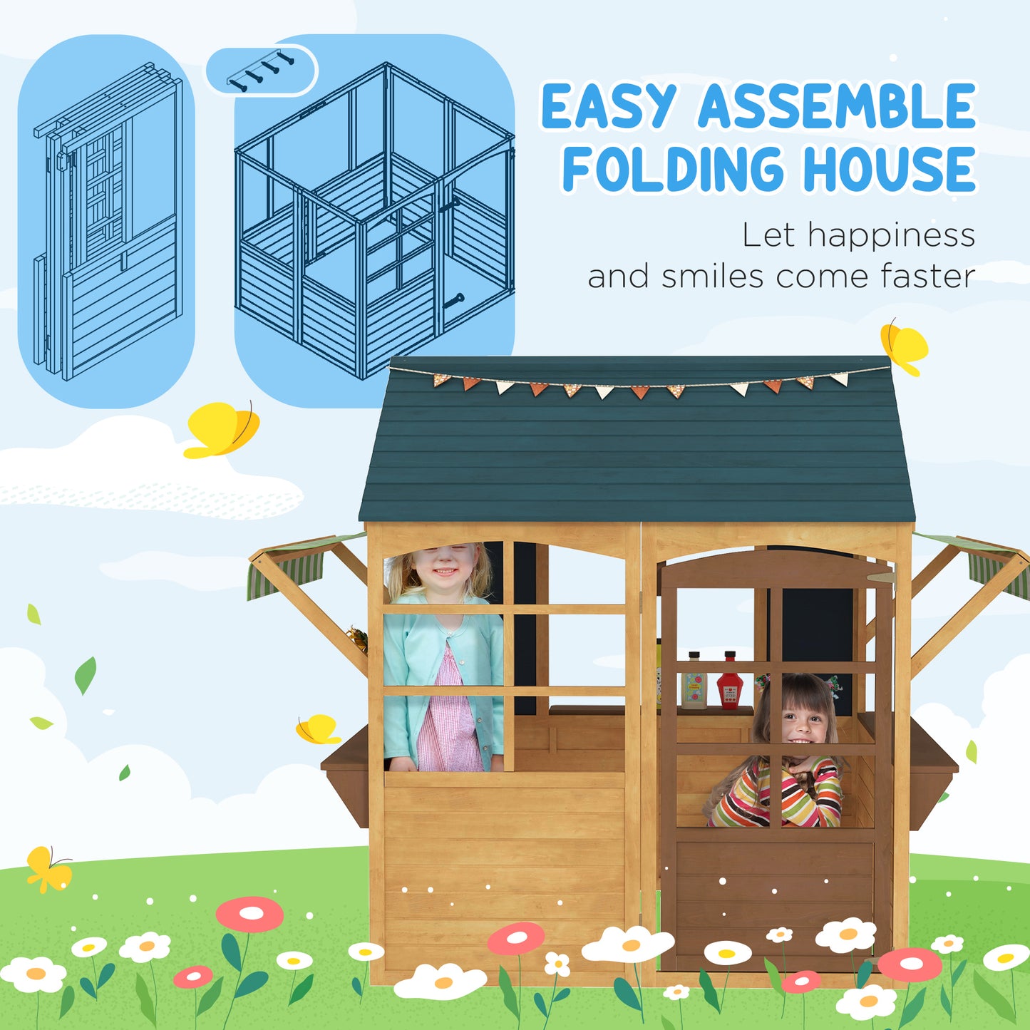 Wooden Foldable Outdoor Playhouse for Kids Ages 3-8, Snack Bars, Working Door, Rain Covers, Blackboards, Brown Kids Crystal