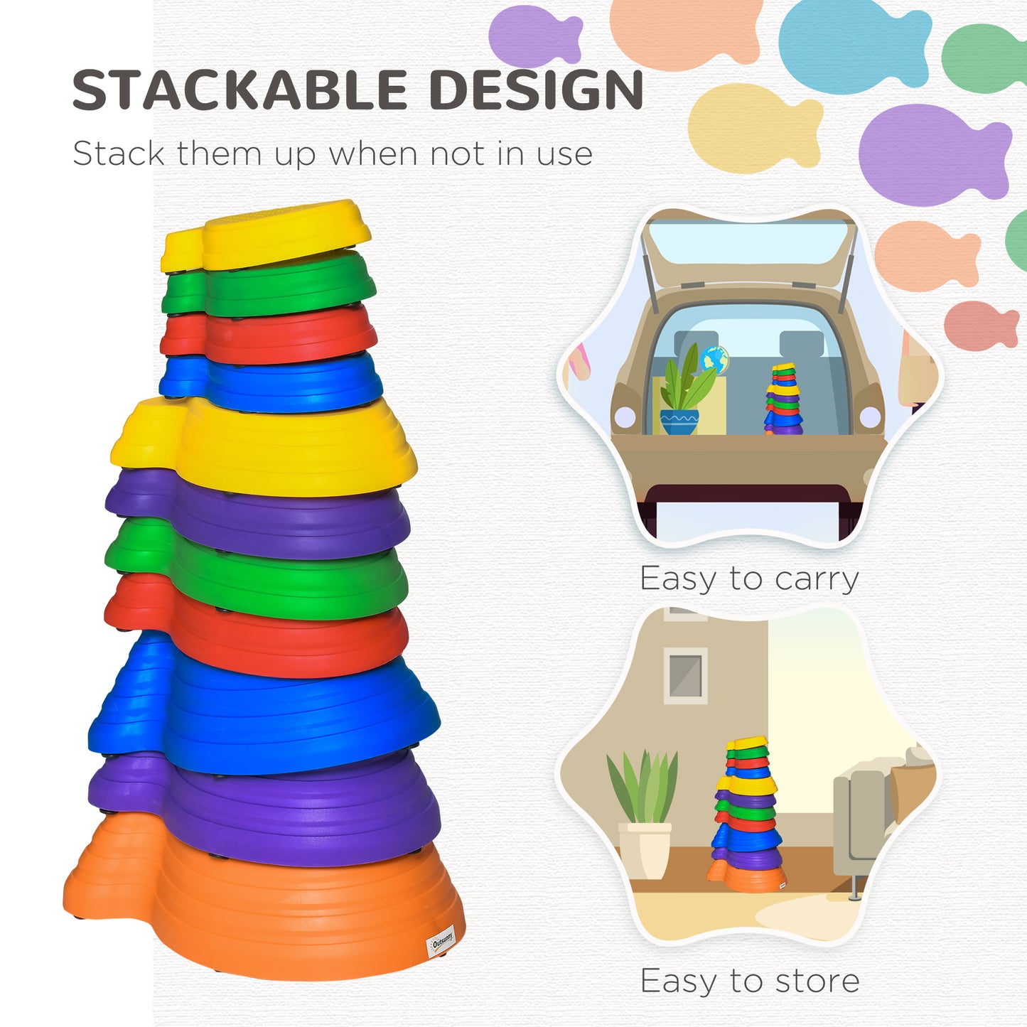 11pcs Kids Balance Stepping Stones, Fish Style - Non-slip, Stackable Obstacle Course for Toddler Balance Kids Crystal