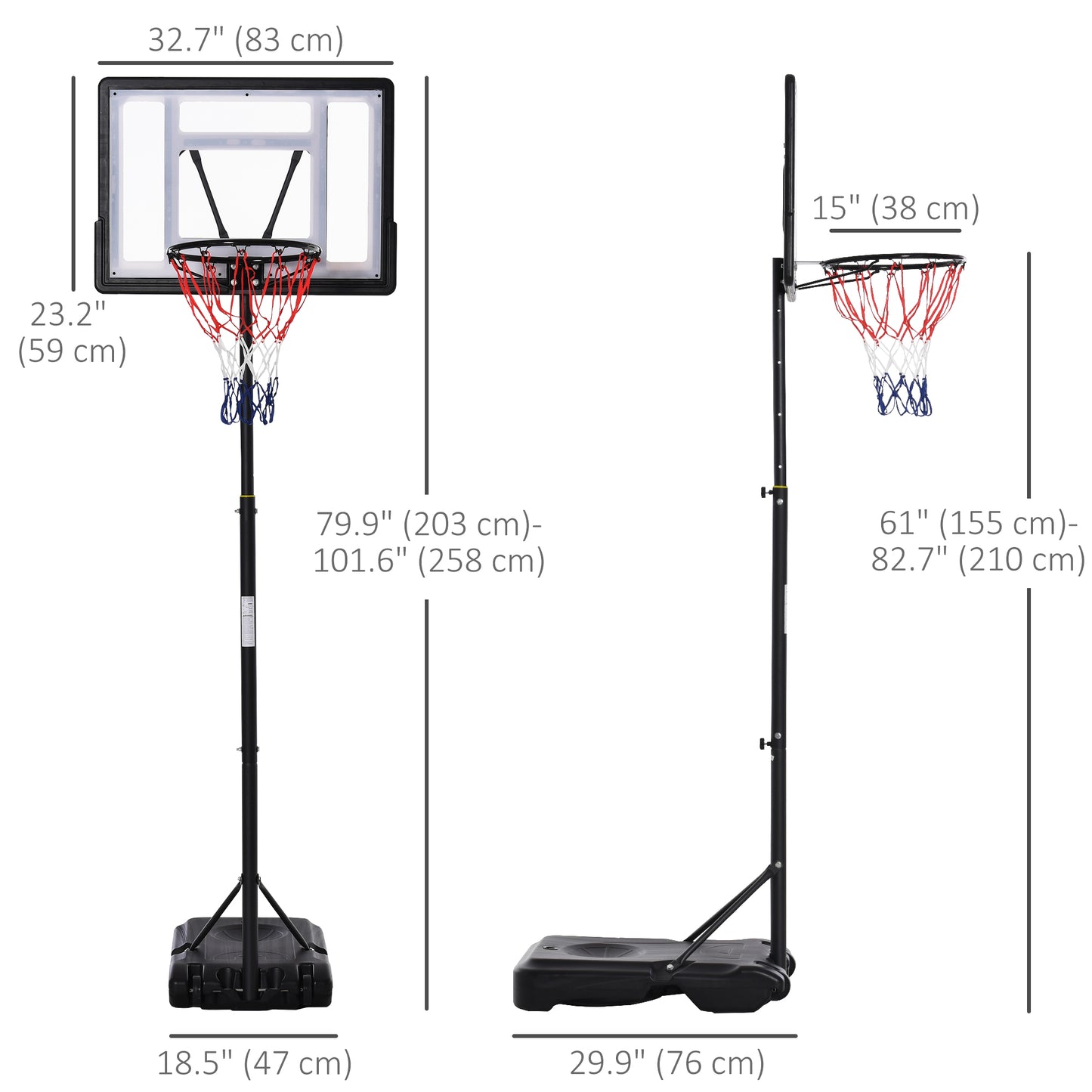 61"- 82.75" H Basketball Stand and Hoop Backboard Adjustable w/ Wheels For Kids Youth Outdoor Kids Crystal