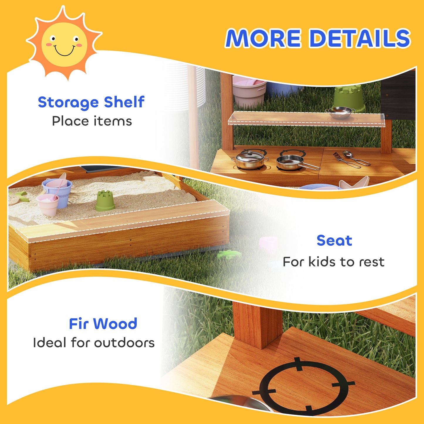 Kids Sandbox with Cover Kitchen Playset Toys, Wooden Sand Box with Seat, Storage, for 3-7 Years Old, Red Kids Crystal