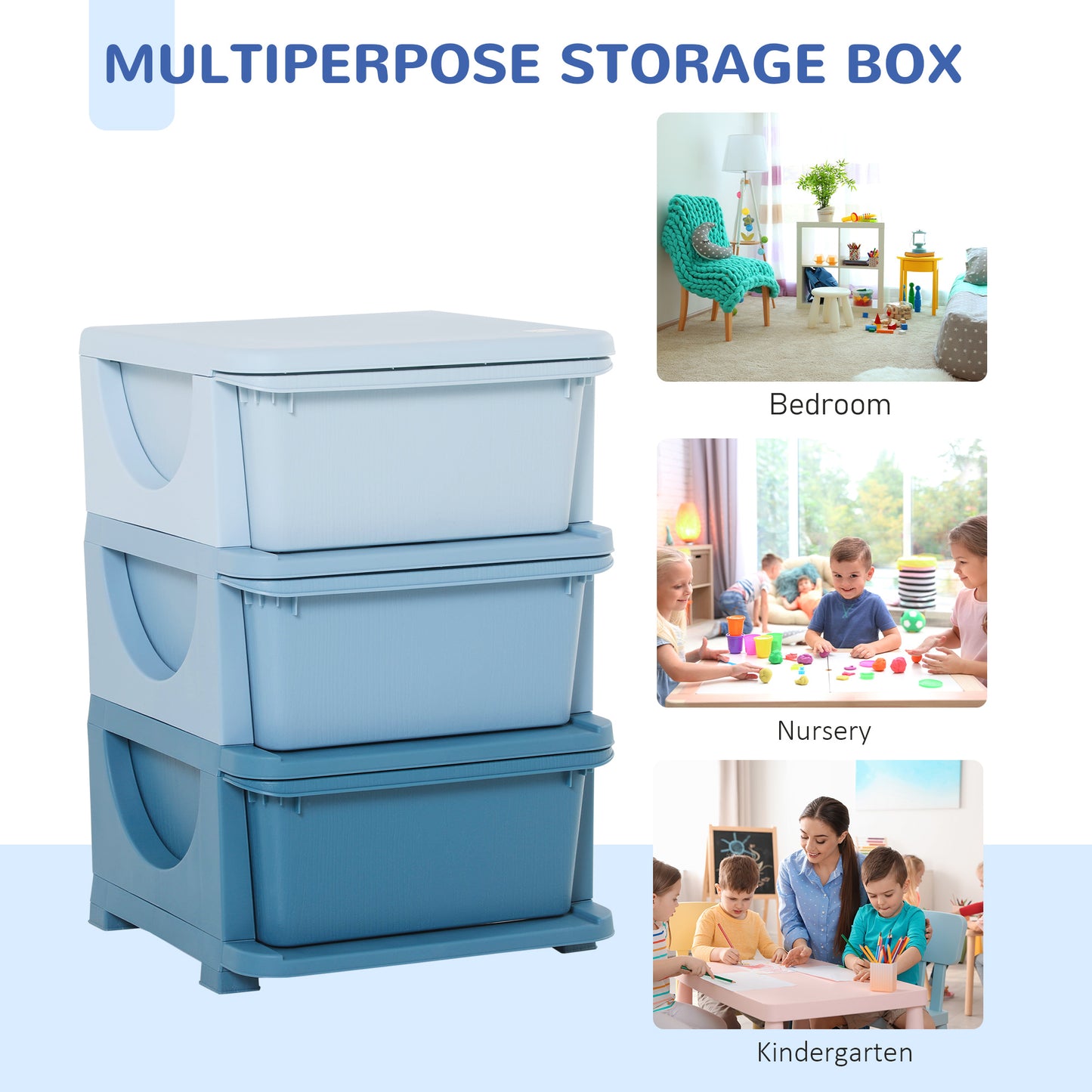 3 Tier Kids Toy Organizer and Storage Bins with 3 Plastic Drawers, Blue