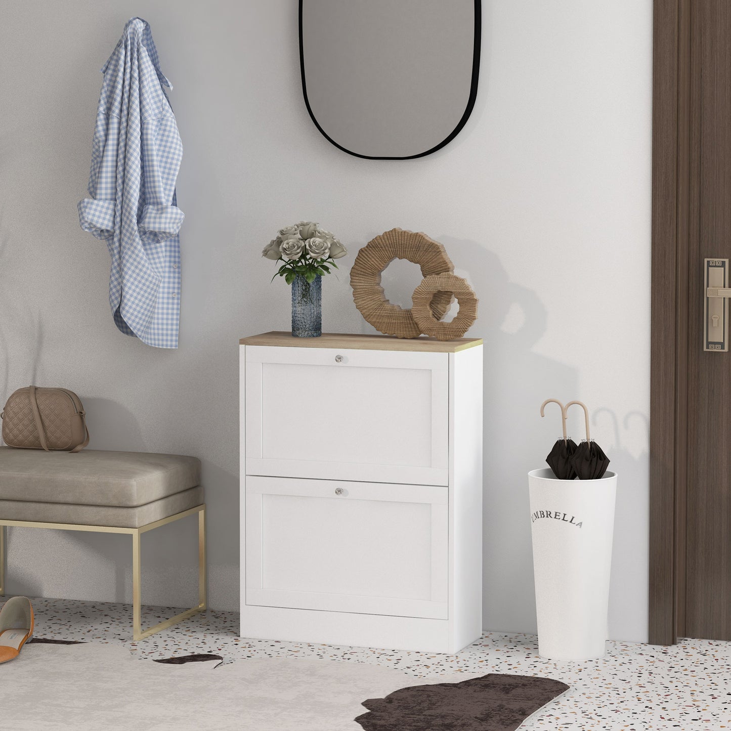 Slim Shoe Storage Cabinet, Modern Shoe Cabinet with 2 Flip Drawers and Adjustable Shelves for 12 Pairs, White Kids Crystal