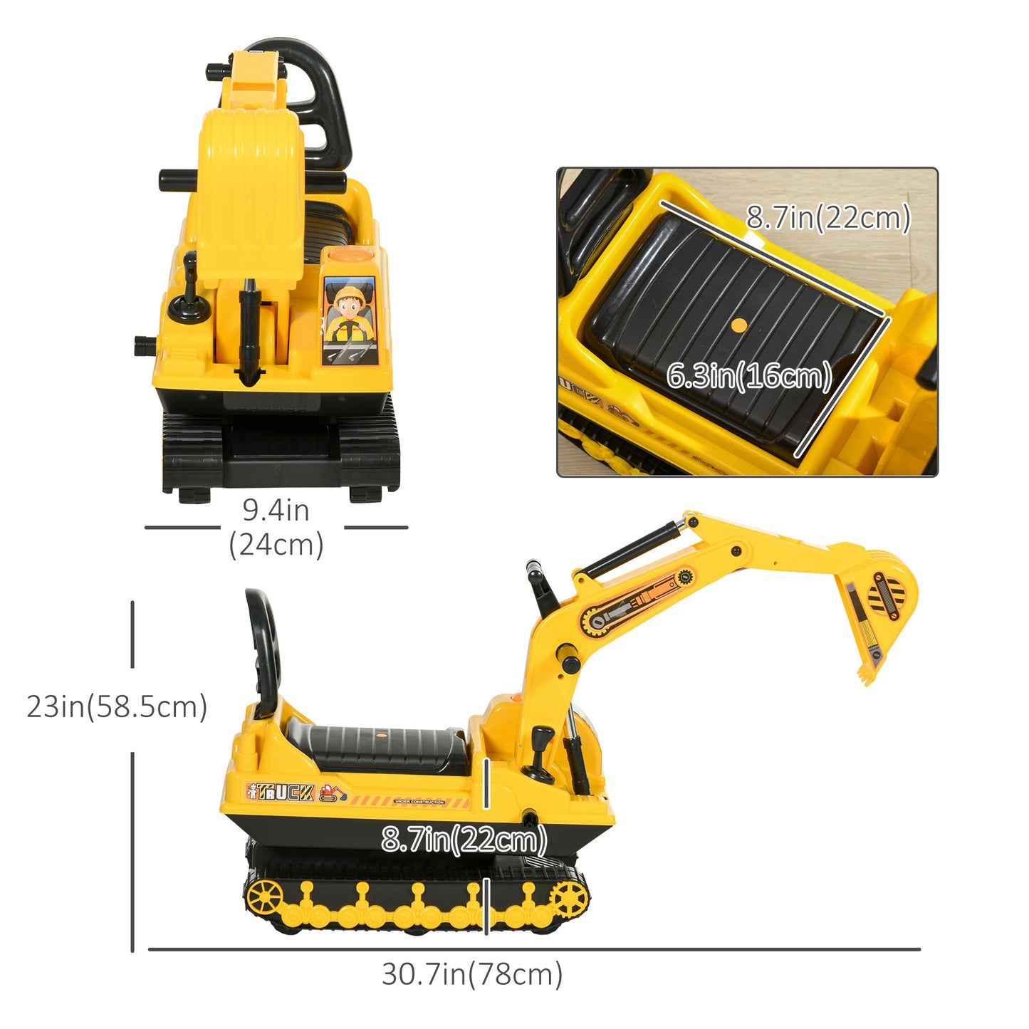Ride On Excavator Toy Tractors Digger Movable Scooter Walker Pretend Play for Toddlers Yellow Black Kids Crystal