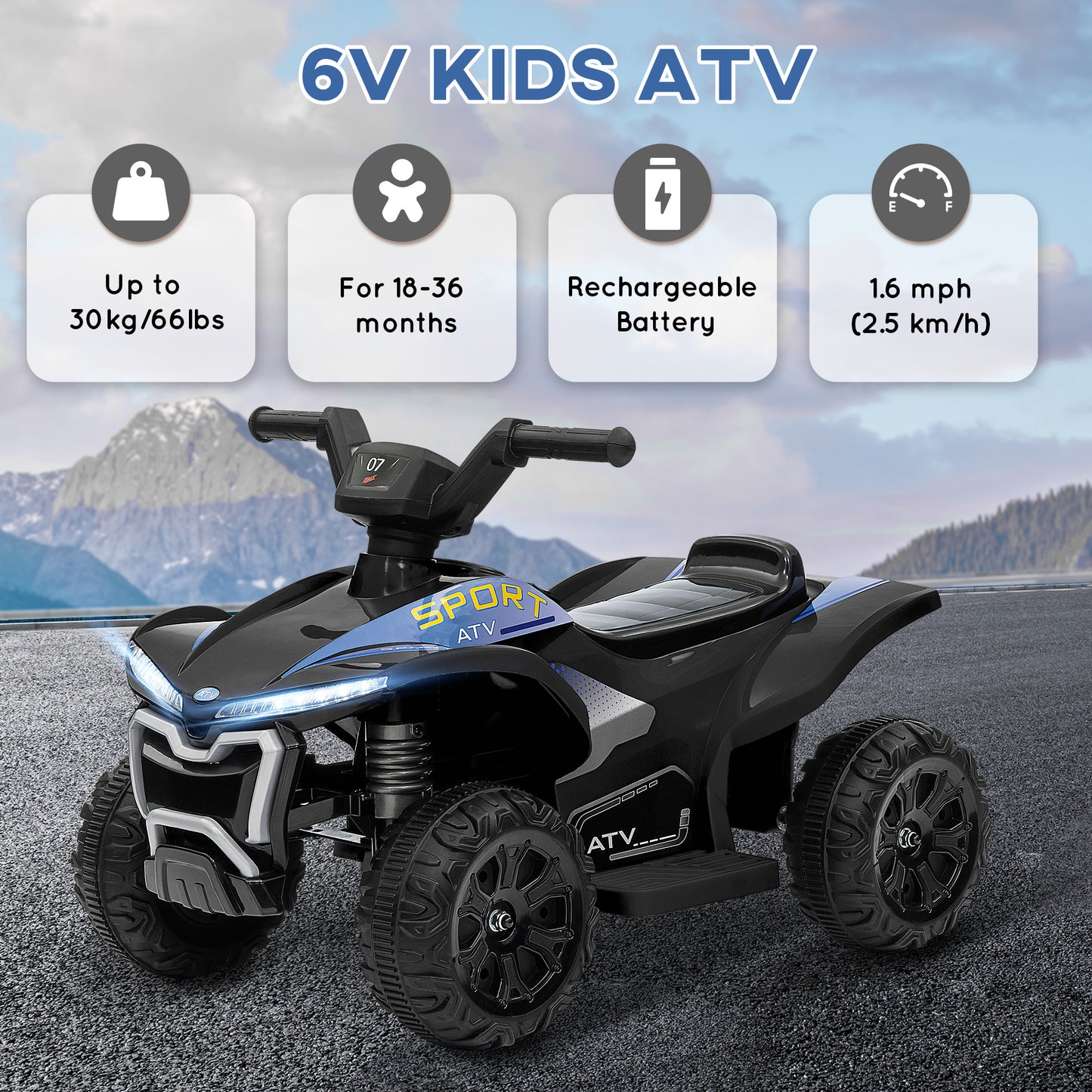 Kids ATV, 6V Battery Powered Electric Vehicle with Headlights, Forward/Reverse Switch for 18-36 Months, Black Kids Crystal