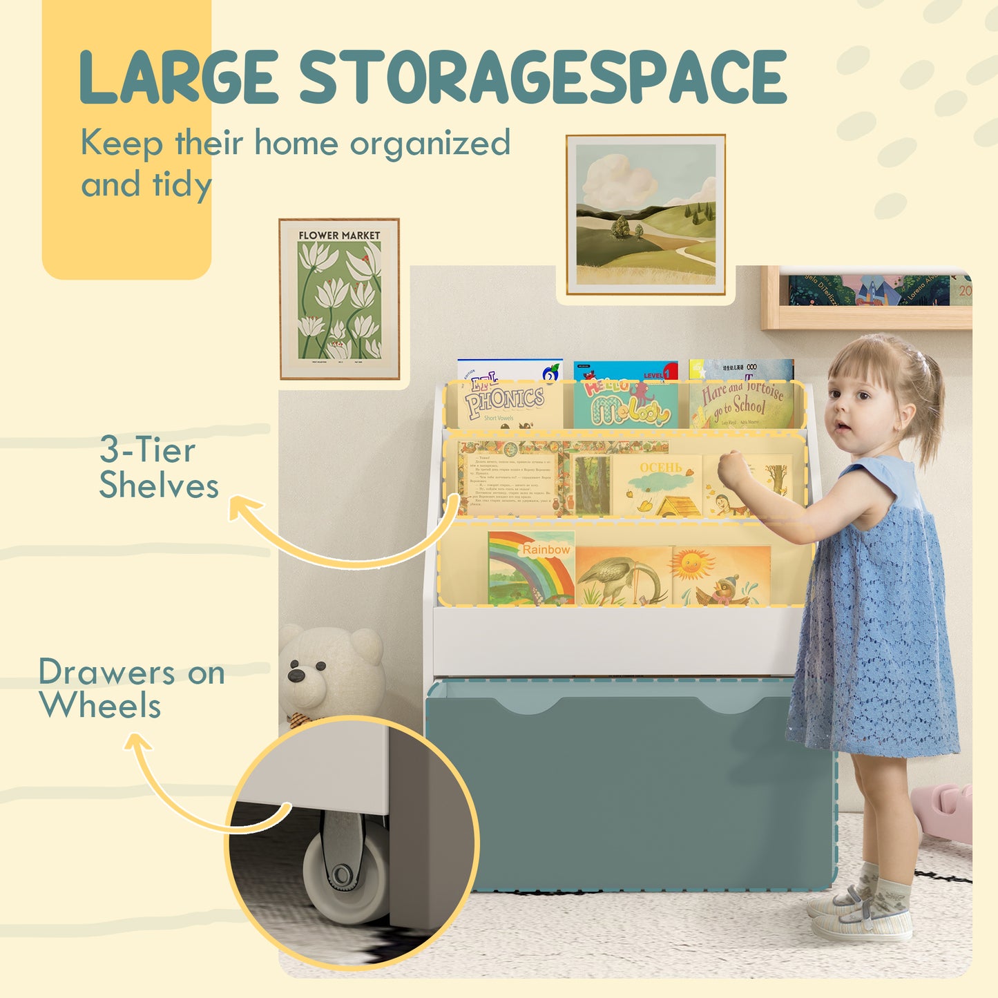 Kids Bookshelf with 3 Tier Display Shelves, Drawer for Nursery, Grey Kids Crystal