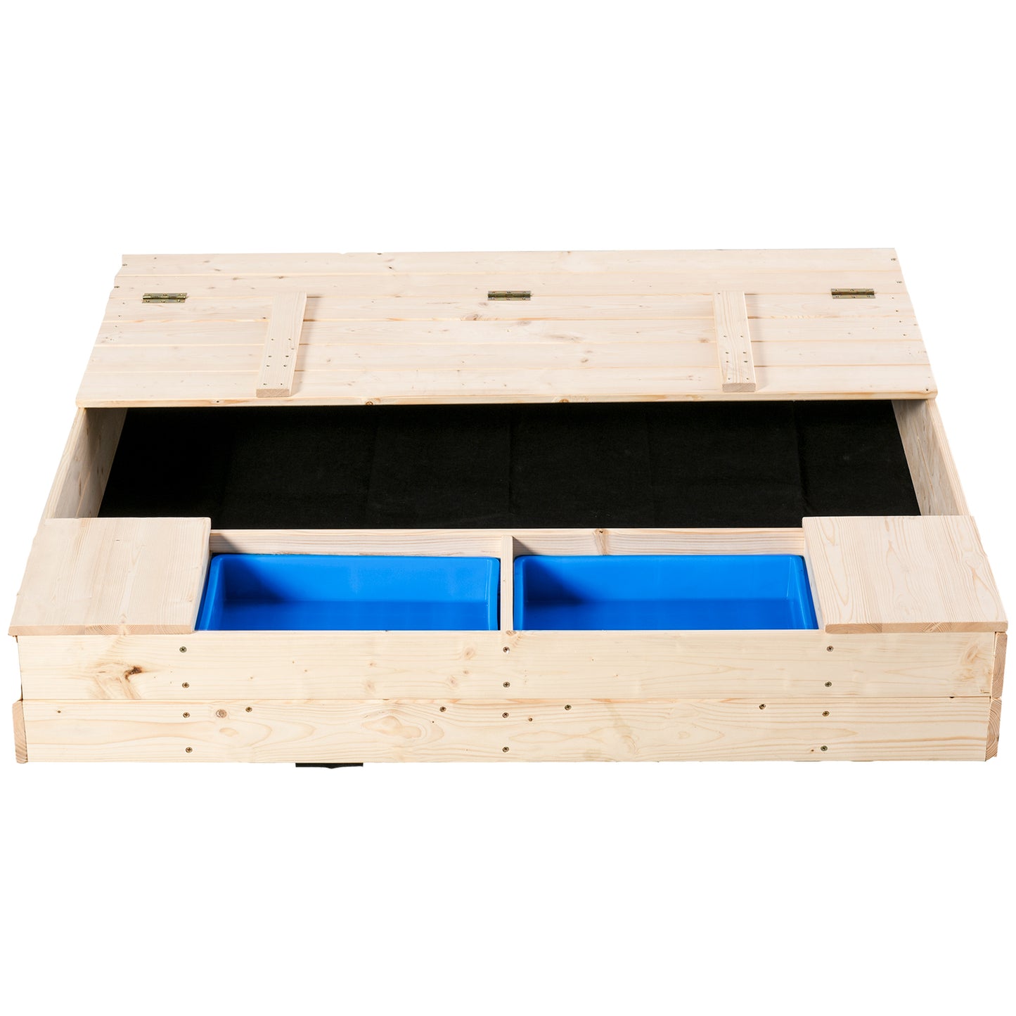 Wooden Kids Sandbox with Foldable Bench Seat, 2 Plastic Boxes, Bottom Liner, Storage Space for Garden, Backyard Kids Crystal