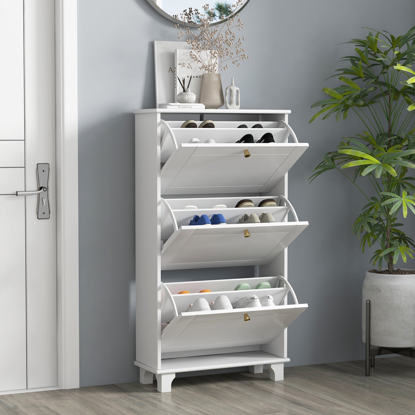 Narrow Shoe Cabinet: 3 Flip Drawers, Adjustable Shelves for 12 Pairs, White Small Space Organizer Kids Crystal