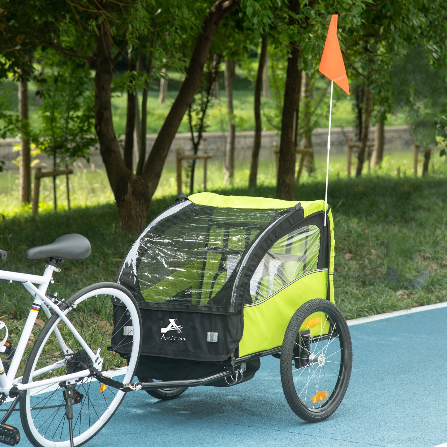 2 Seat Bike Trailer for Kids, Baby Stroller with Storage Bag, 5 Point Harness, Bicycle Trailer with 20' Wheels, Green Kids Crystal